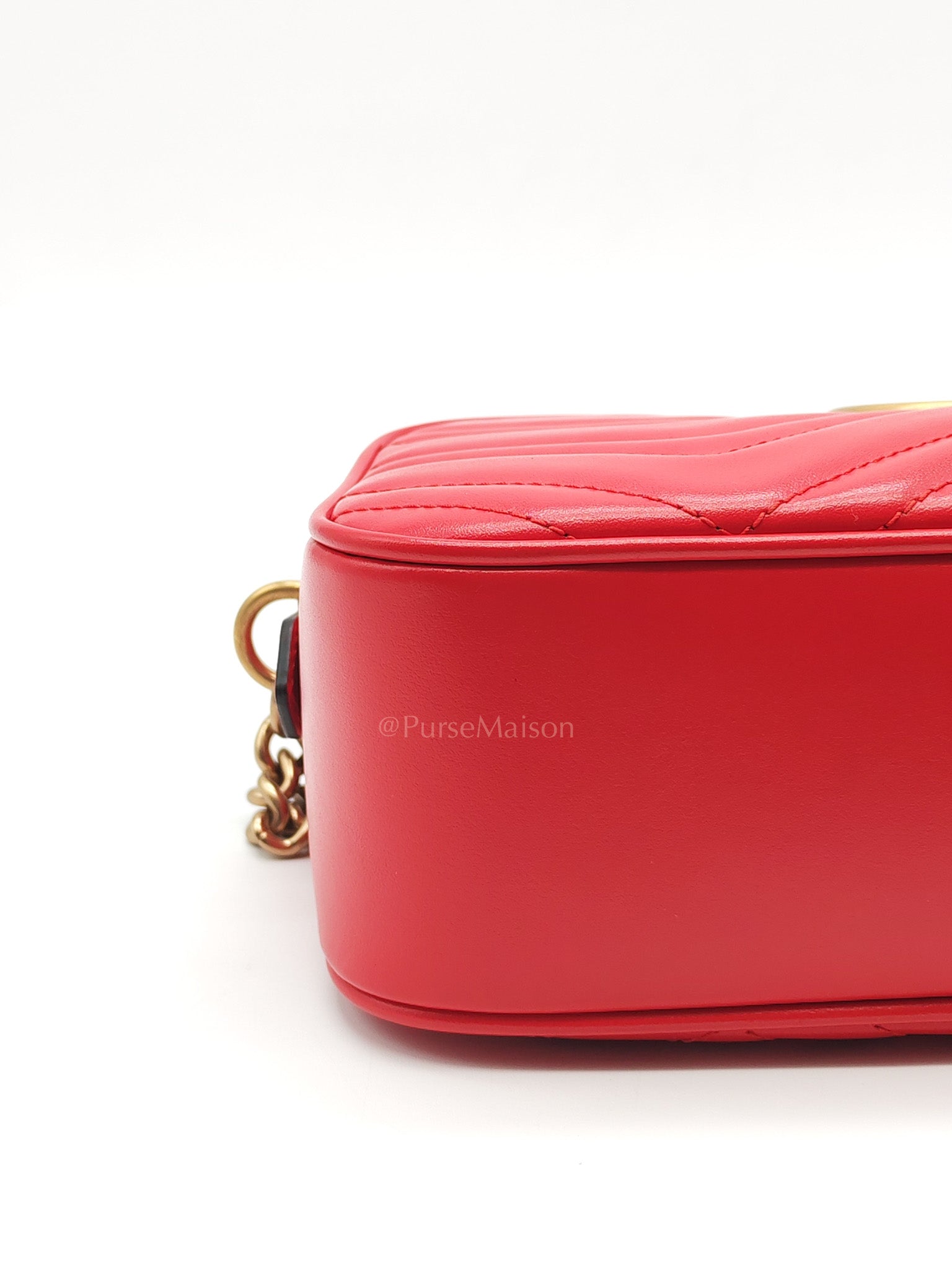 GG Marmont Camera Bag in Red Calfskin Matellase Leather & Aged Gold Hardware | Purse Maison Luxury Bags Shop
