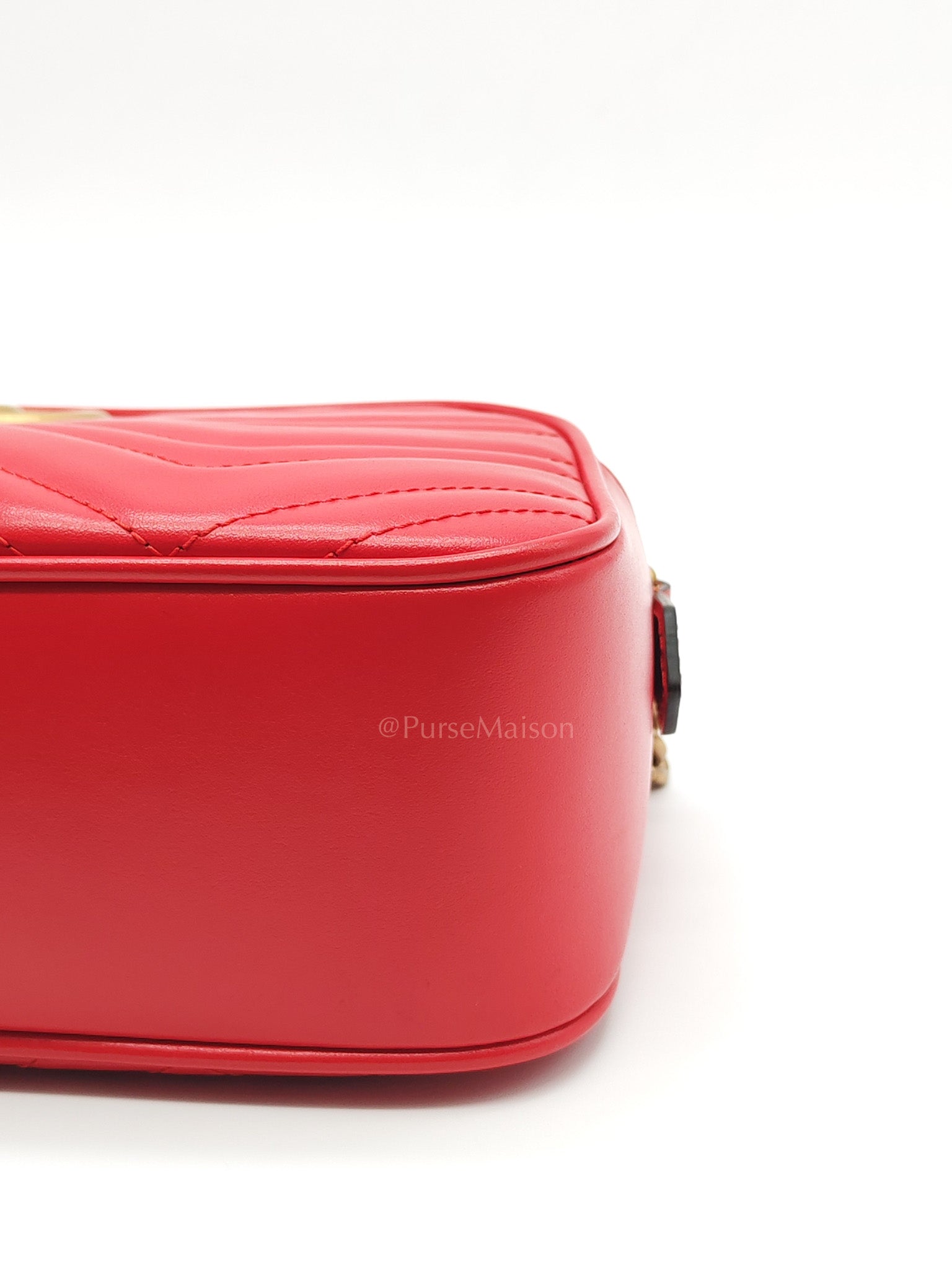 GG Marmont Camera Bag in Red Calfskin Matellase Leather & Aged Gold Hardware | Purse Maison Luxury Bags Shop