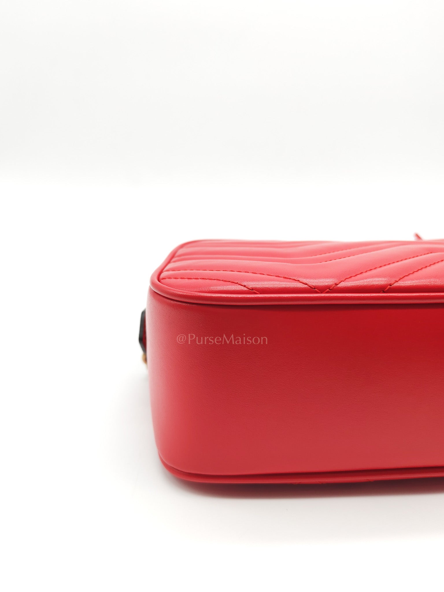 GG Marmont Camera Bag in Red Calfskin Matellase Leather & Aged Gold Hardware | Purse Maison Luxury Bags Shop