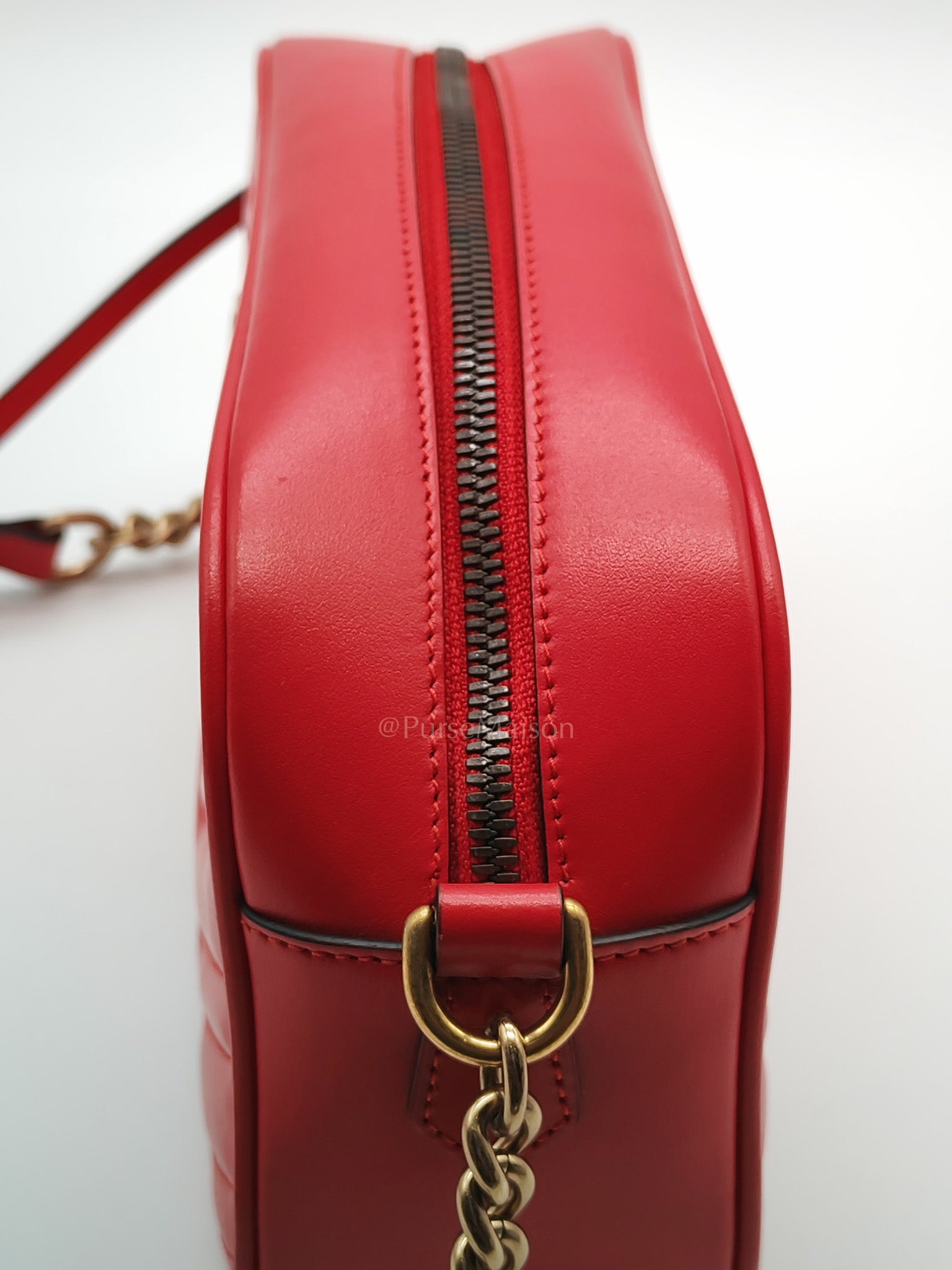 GG Marmont Camera Bag in Red Calfskin Matellase Leather & Aged Gold Hardware | Purse Maison Luxury Bags Shop