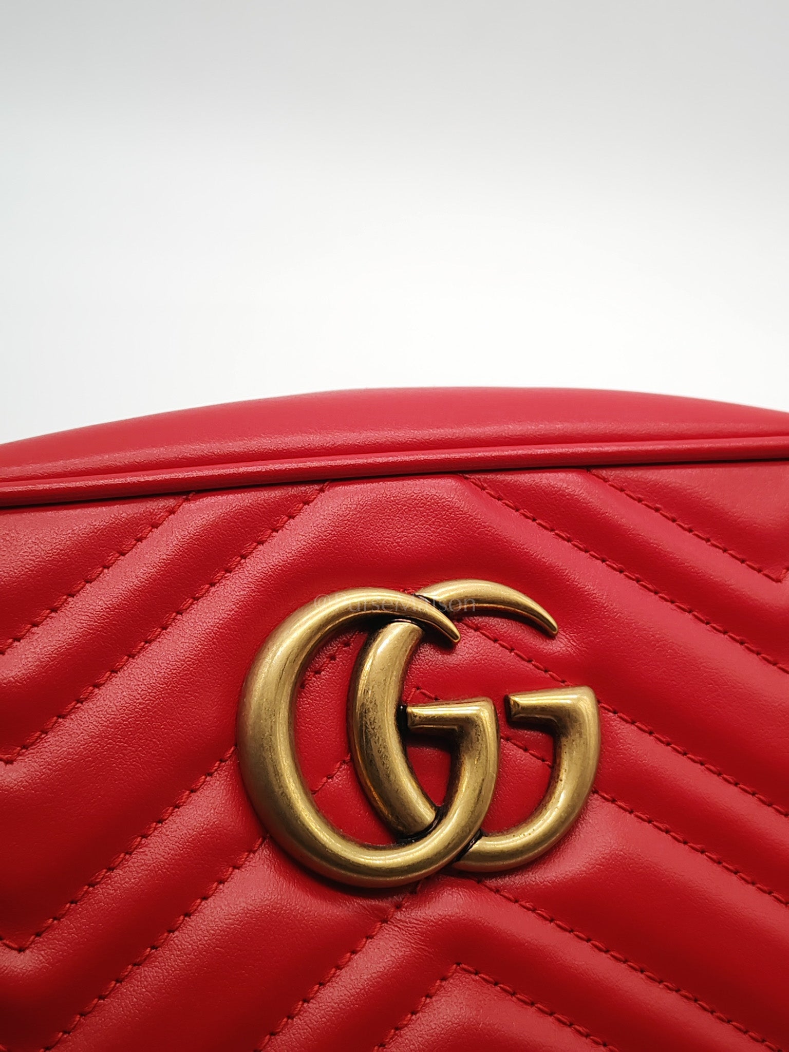 GG Marmont Camera Bag in Red Calfskin Matellase Leather & Aged Gold Hardware | Purse Maison Luxury Bags Shop