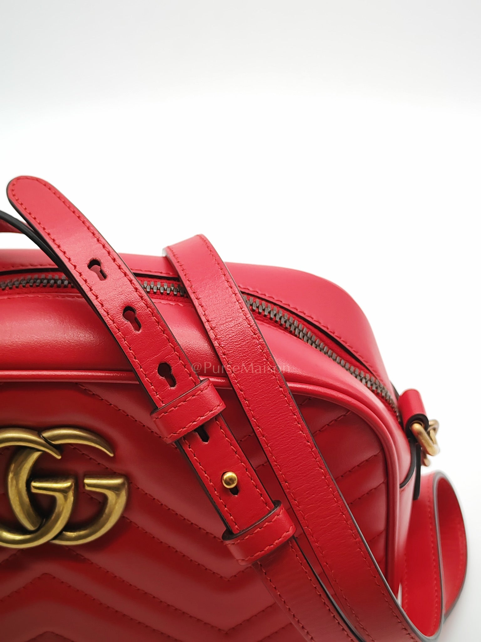 GG Marmont Camera Bag in Red Calfskin Matellase Leather & Aged Gold Hardware | Purse Maison Luxury Bags Shop