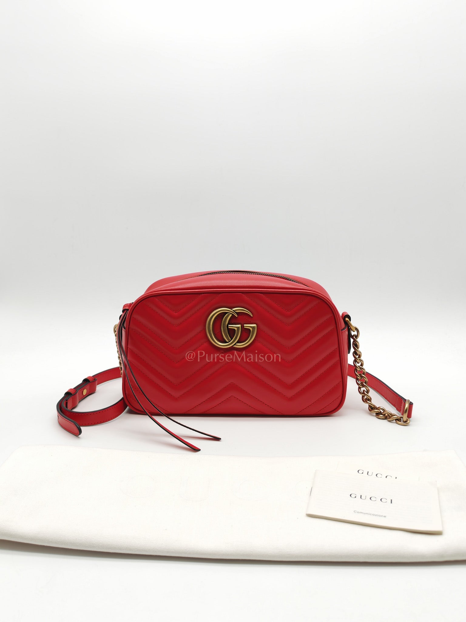 GG Marmont Camera Bag in Red Calfskin Matellase Leather & Aged Gold Hardware | Purse Maison Luxury Bags Shop