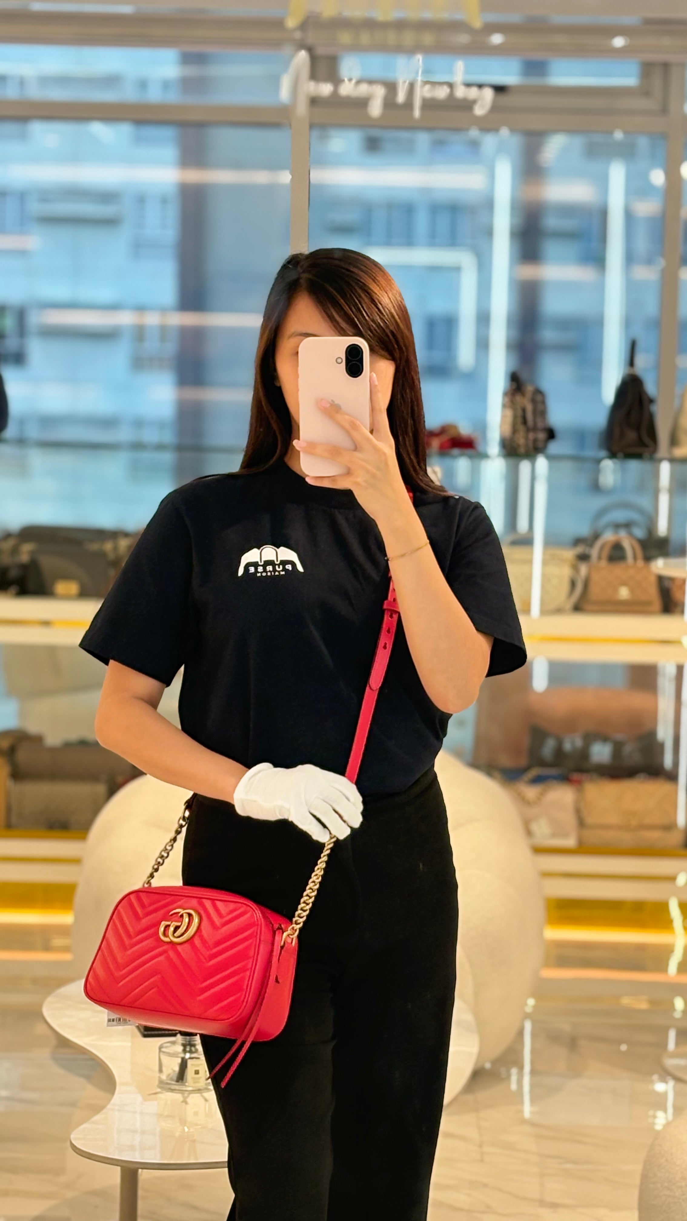 GG Marmont Camera Bag in Red Calfskin Matellase Leather & Aged Gold Hardware | Purse Maison Luxury Bags Shop