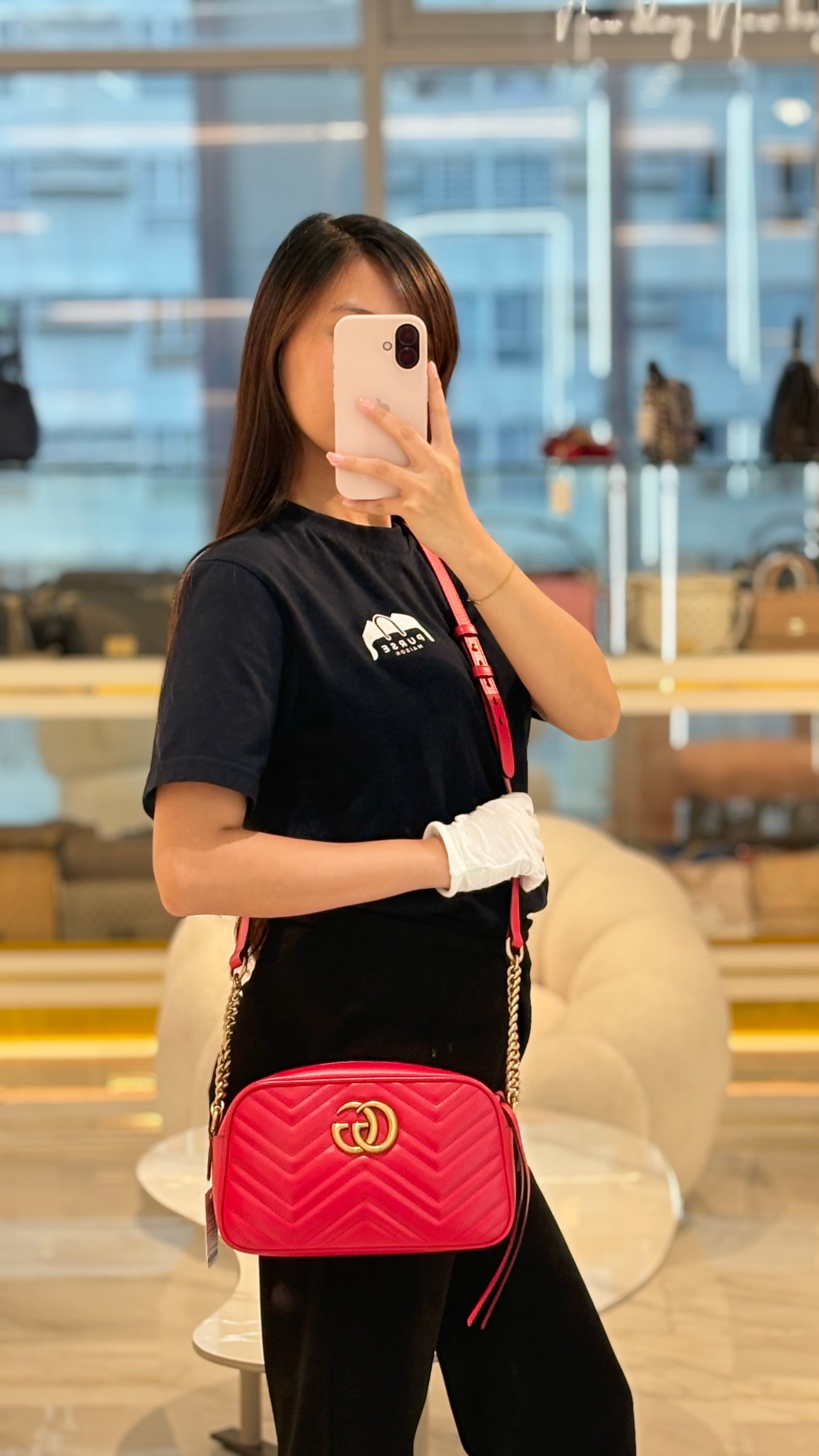 GG Marmont Camera Bag in Red Calfskin Matellase Leather & Aged Gold Hardware | Purse Maison Luxury Bags Shop