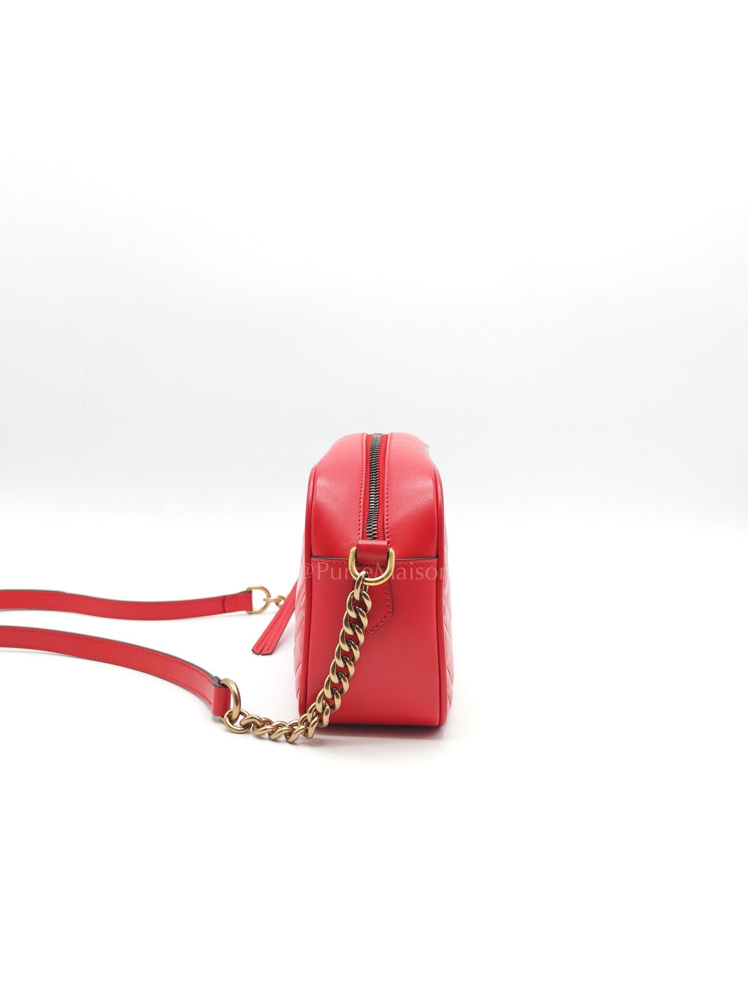 GG Marmont Camera Bag in Red Calfskin Matellase Leather & Aged Gold Hardware | Purse Maison Luxury Bags Shop
