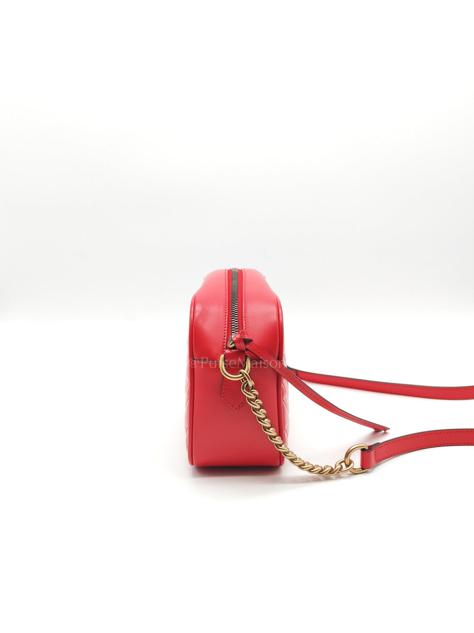 GG Marmont Camera Bag in Red Calfskin Matellase Leather & Aged Gold Hardware | Purse Maison Luxury Bags Shop