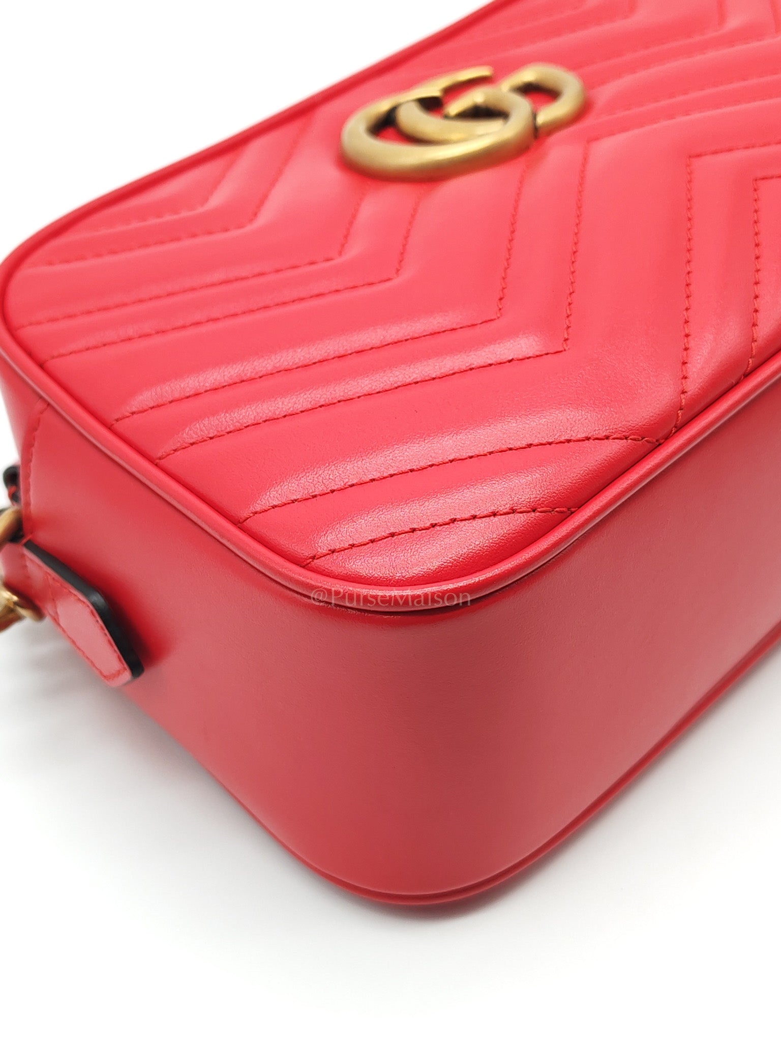 GG Marmont Camera Bag in Red Calfskin Matellase Leather & Aged Gold Hardware | Purse Maison Luxury Bags Shop