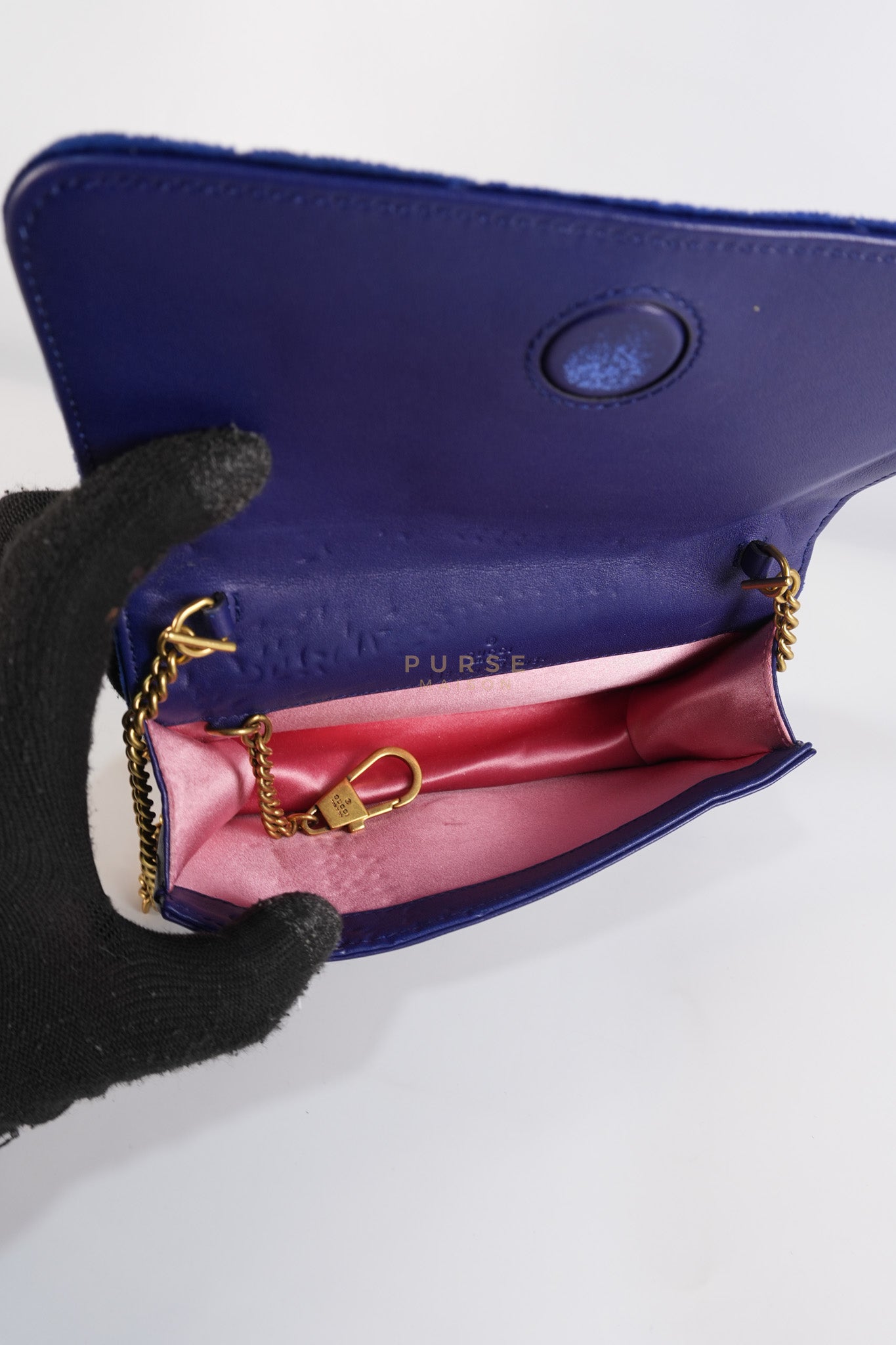 GG Marmont Chain Bag Super Mini in Royal Blue Velvet | Purse Maison Luxury Bags Shop