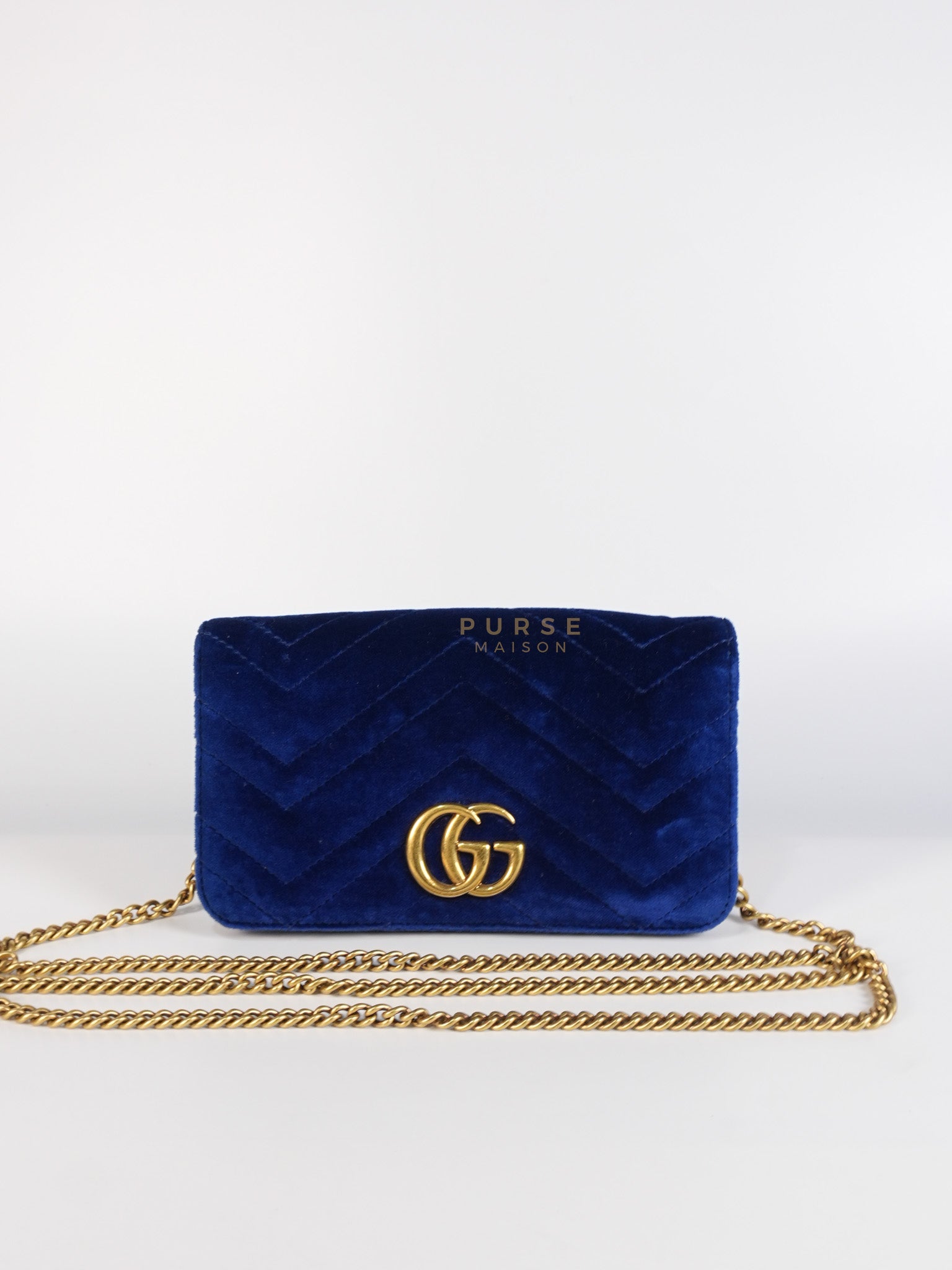 GG Marmont Chain Bag Super Mini in Royal Blue Velvet | Purse Maison Luxury Bags Shop