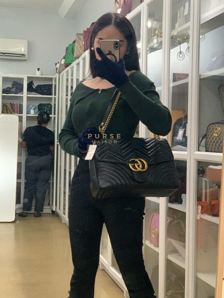 GG Marmont Flap Bag Large in Black Matelasse Leather & Aged Gold Hardware | Purse Maison Luxury Bags Shop