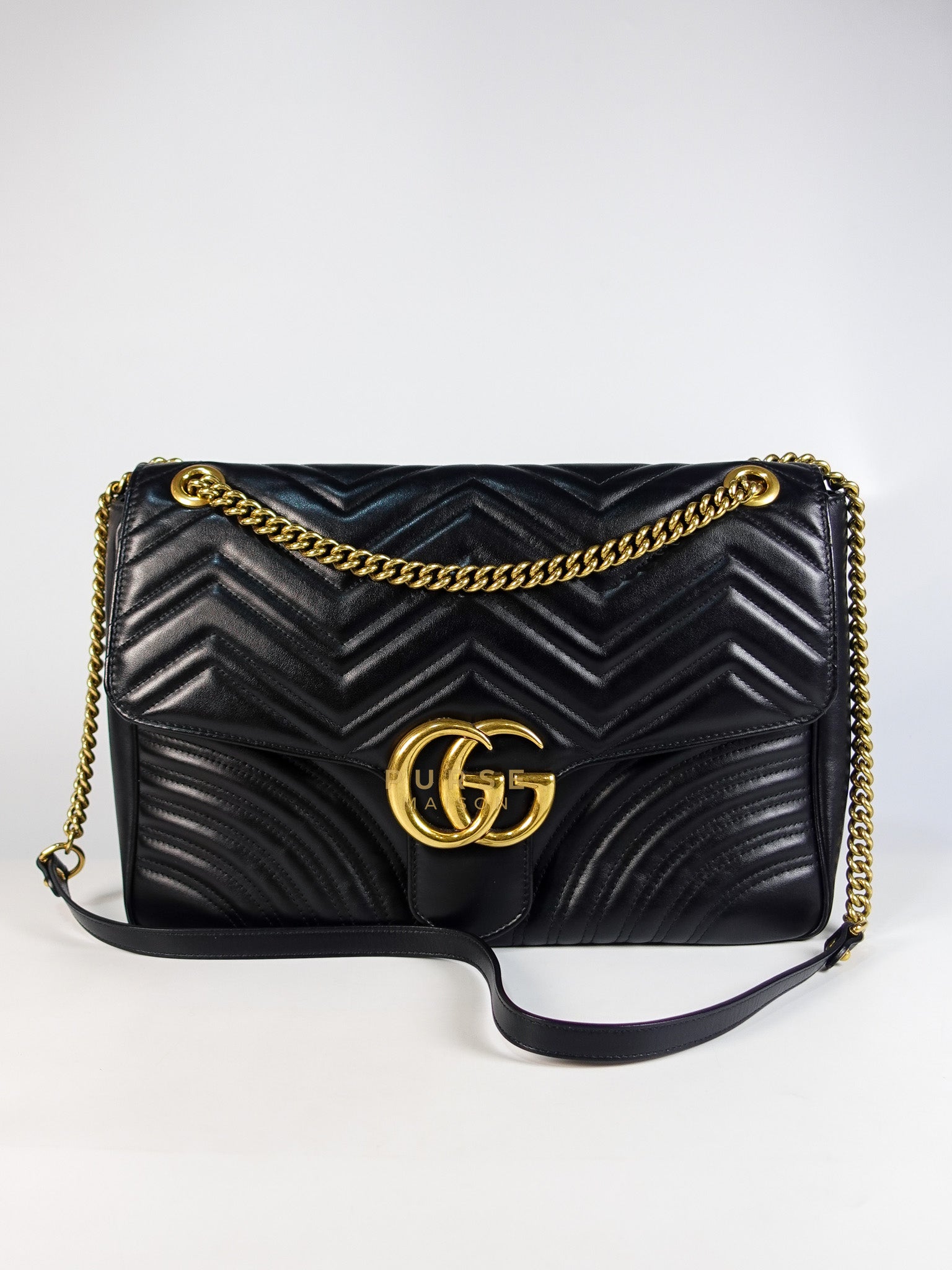 GG Marmont Flap Bag Large in Black Matelasse Leather Aged Gold