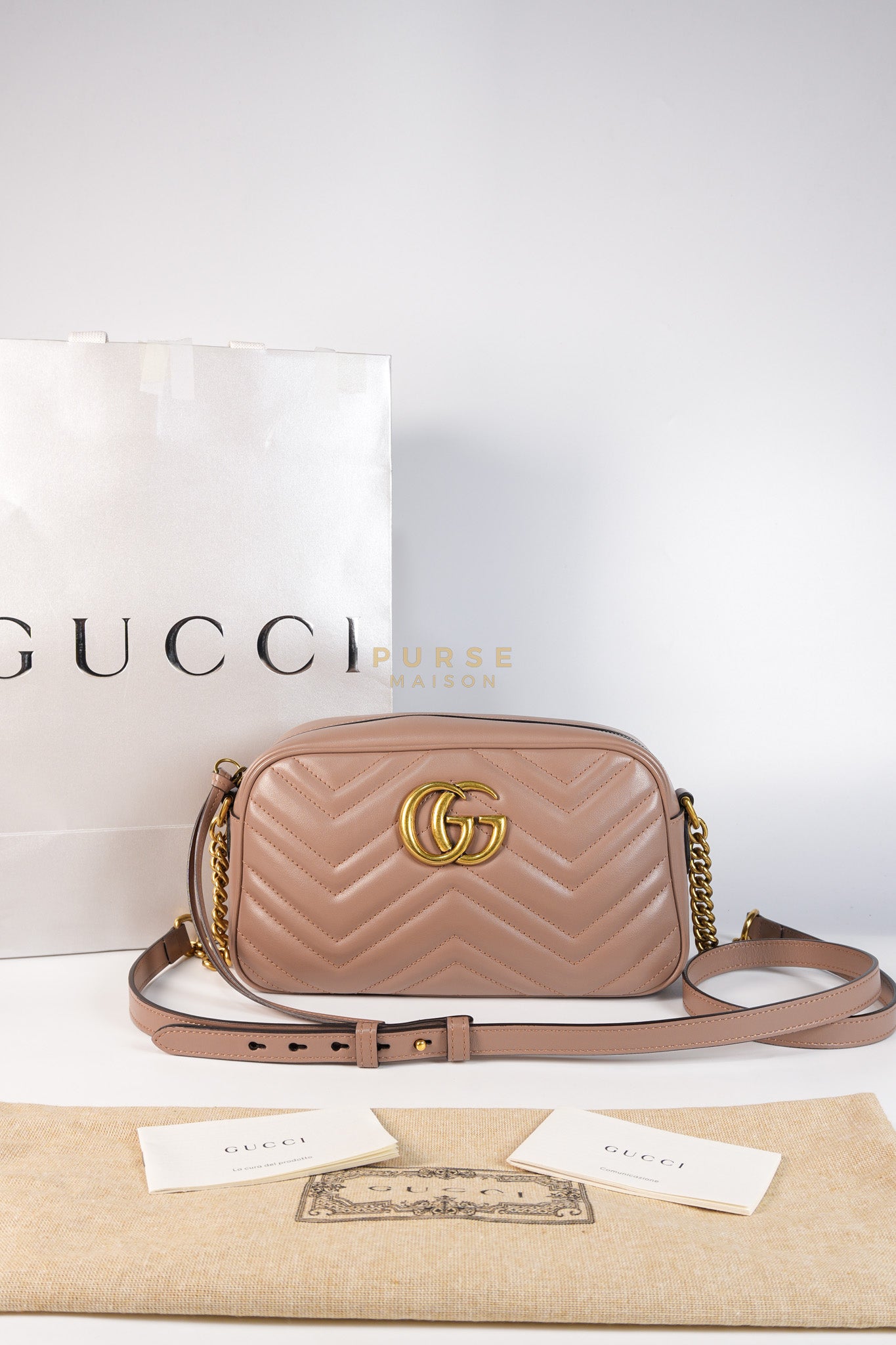 GG Marmont Matelasse Small Camera Bag in Dusty Rose | Purse Maison Luxury Bags Shop