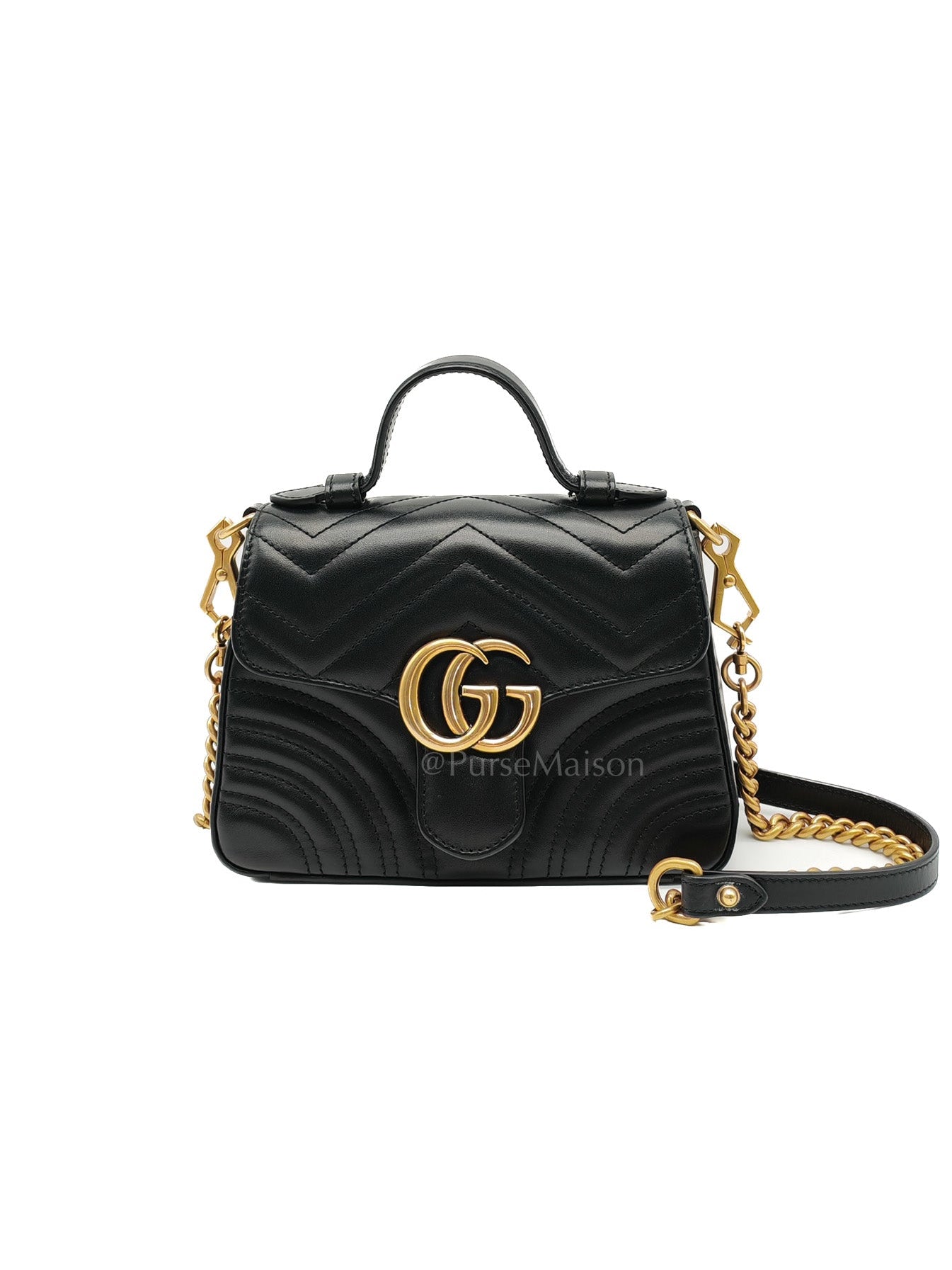 GG Marmont Mini Top Handle Bag in Black Matelasse Chevron Quilted Calfskin Leather & Aged Gold Hardware | Purse Maison Luxury Bags Shop