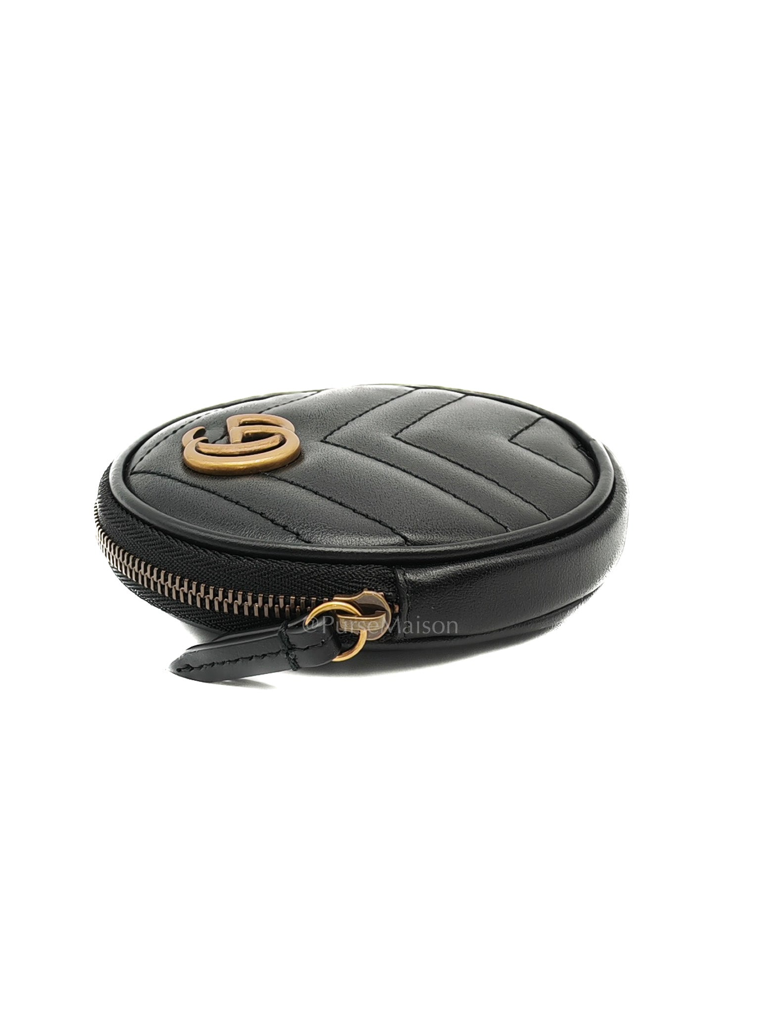 GG Marmont Round Coin Purse in Black Matellasse Leather | Purse Maison Luxury Bags Shop