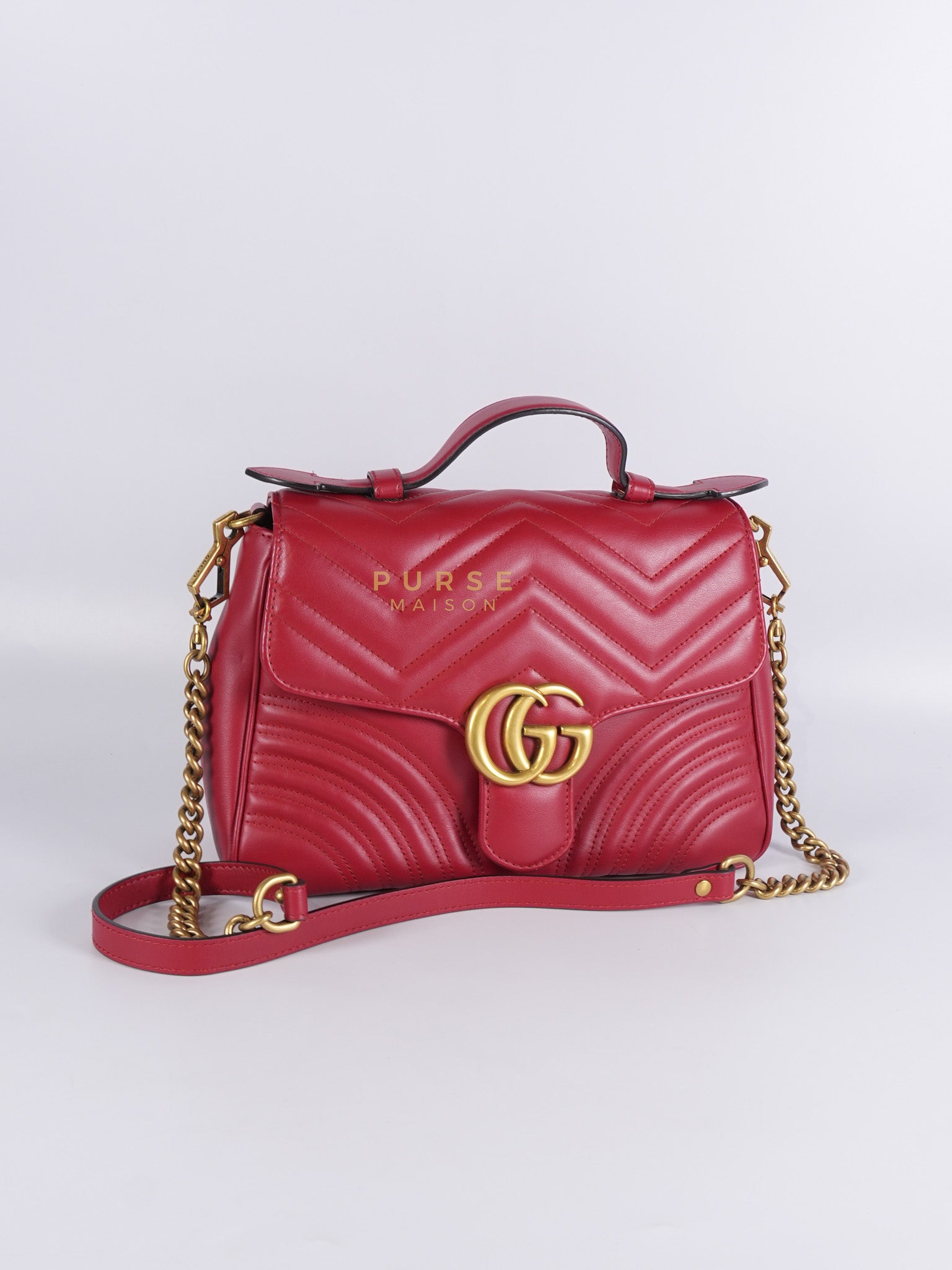 GG Marmont Top Handle Shoulder Bag in Hibiscus Red Calfskin Matelasse Leather & Gold Hardware | Purse Maison Luxury Bags Shop