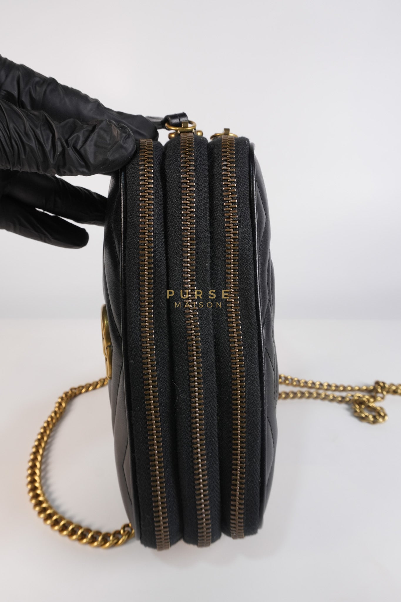 GG Marmont Triple Zip Chain Camera Bag Black Matelasse | Purse Maison Luxury Bags Shop