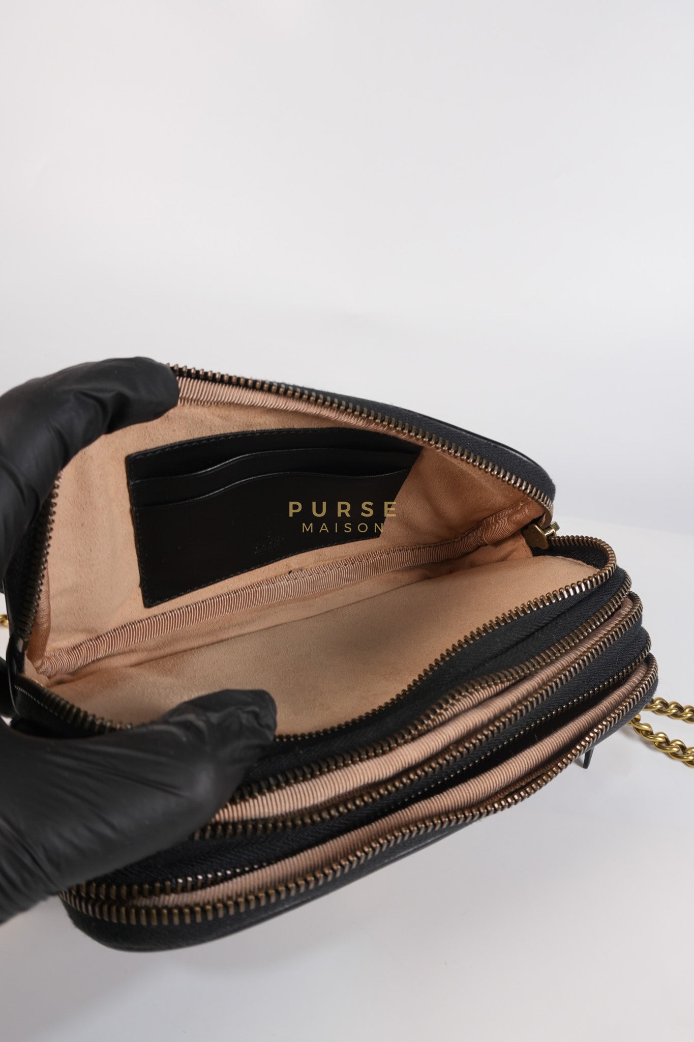 GG Marmont Triple Zip Chain Camera Bag Black Matelasse | Purse Maison Luxury Bags Shop