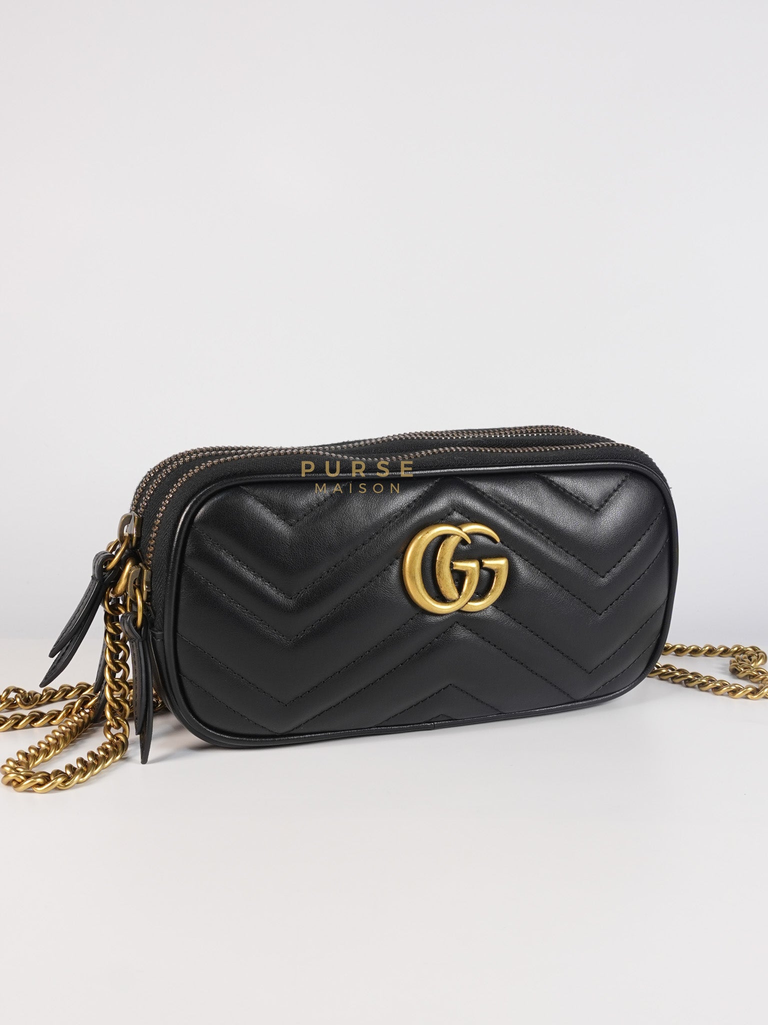 GG Marmont Triple Zip Chain Camera Bag Black Matelasse | Purse Maison Luxury Bags Shop
