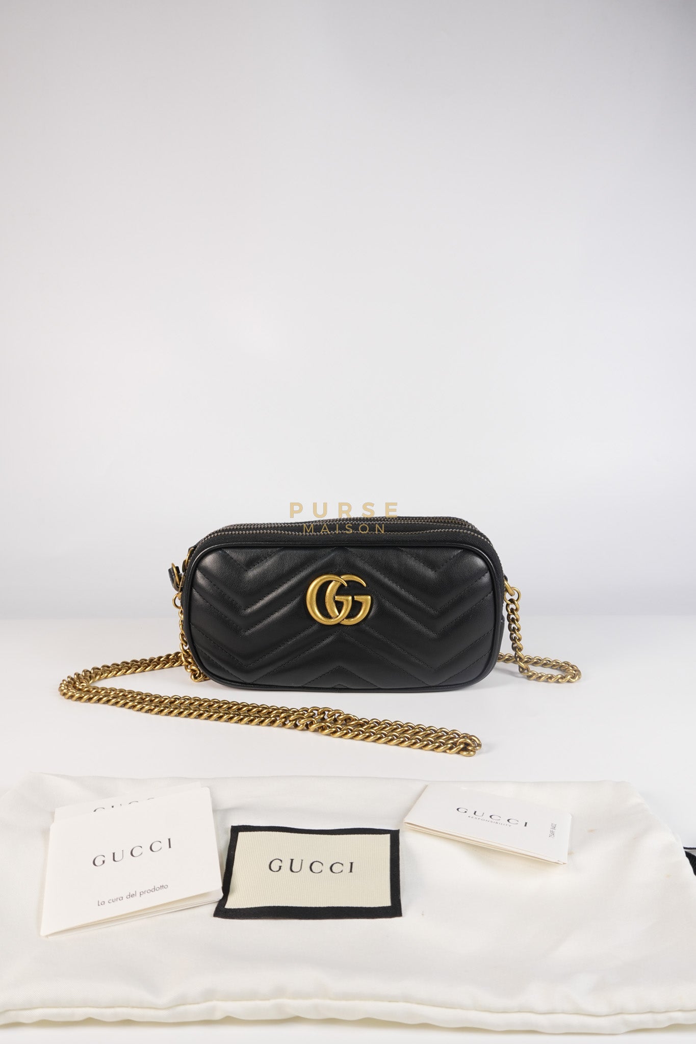 GG Marmont Triple Zip Chain Camera Bag Black Matelasse | Purse Maison Luxury Bags Shop