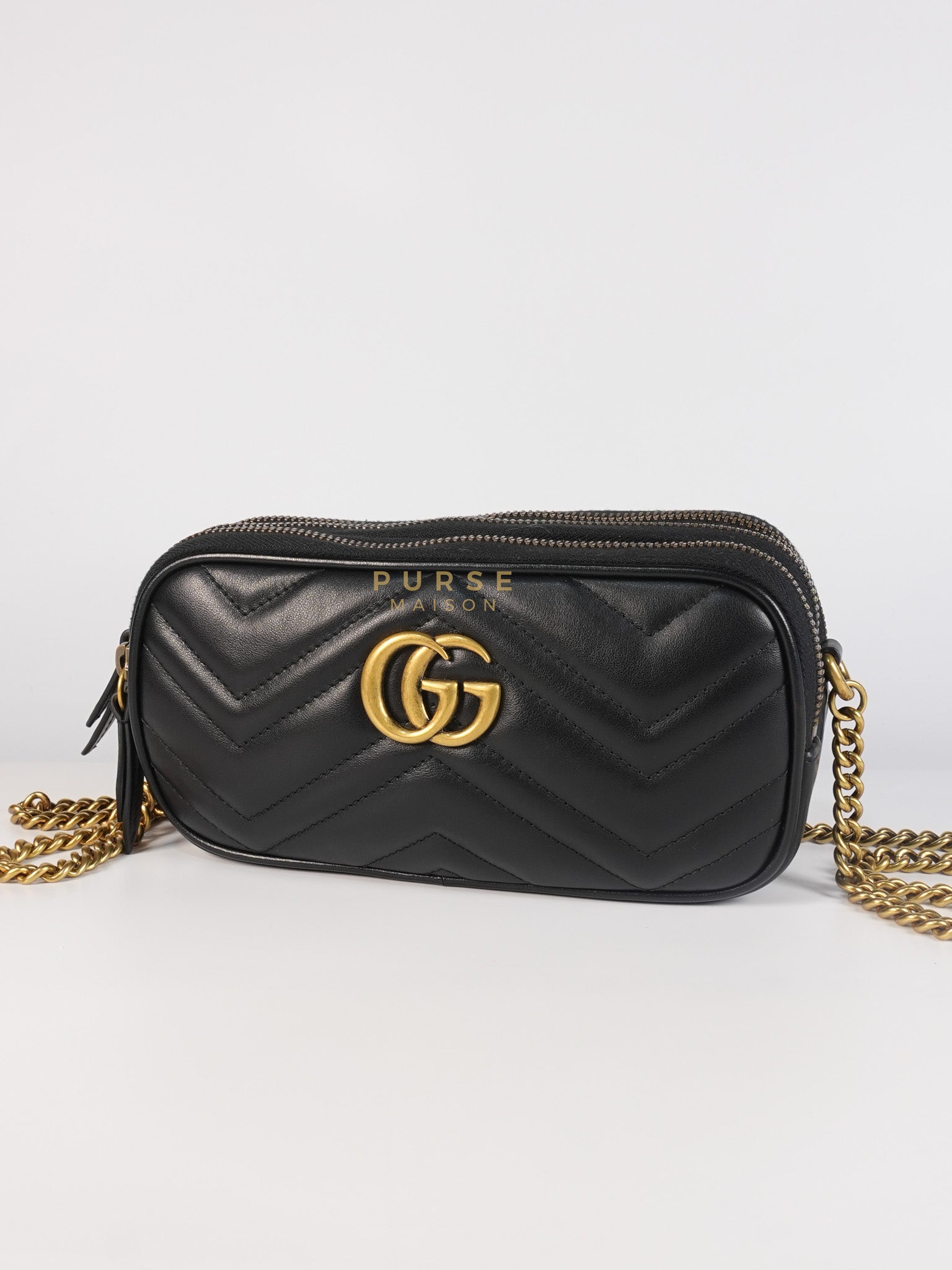 GG Marmont Triple Zip Chain Camera Bag Black Matelasse | Purse Maison Luxury Bags Shop