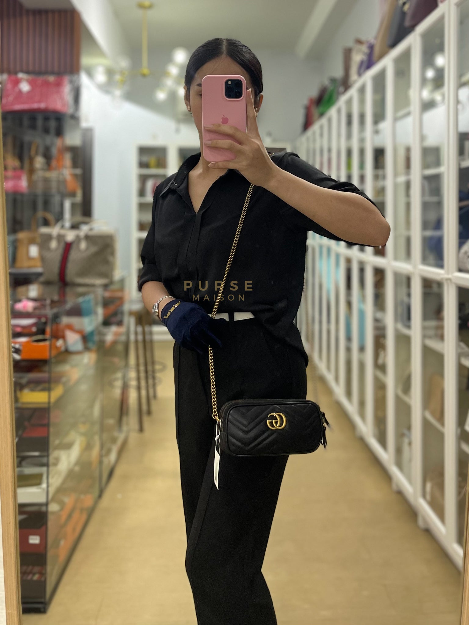 GG Marmont Triple Zip Chain Camera Bag Black Matelasse | Purse Maison Luxury Bags Shop
