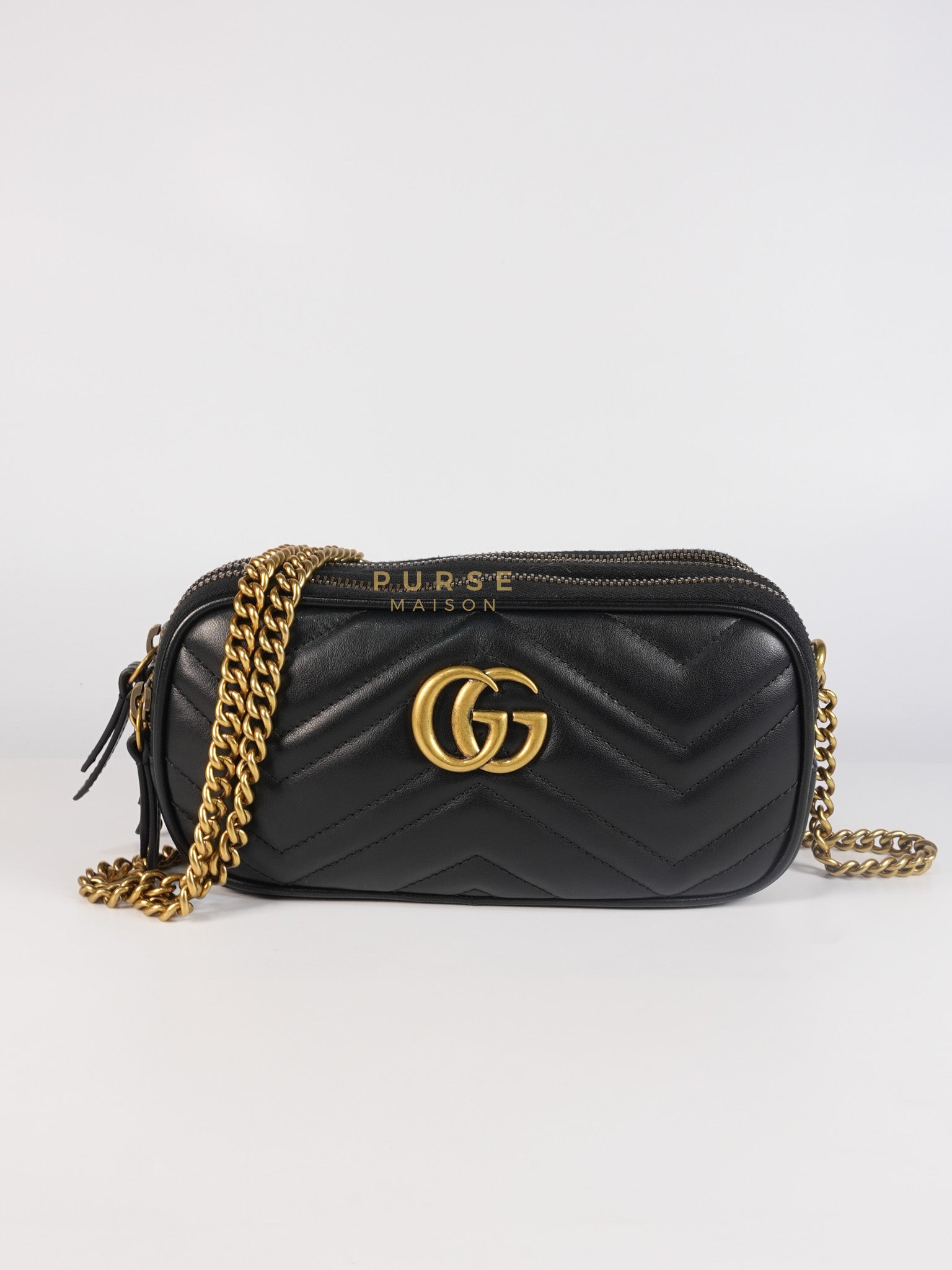 GG Marmont Triple Zip Chain Camera Bag Black Matelasse | Purse Maison Luxury Bags Shop