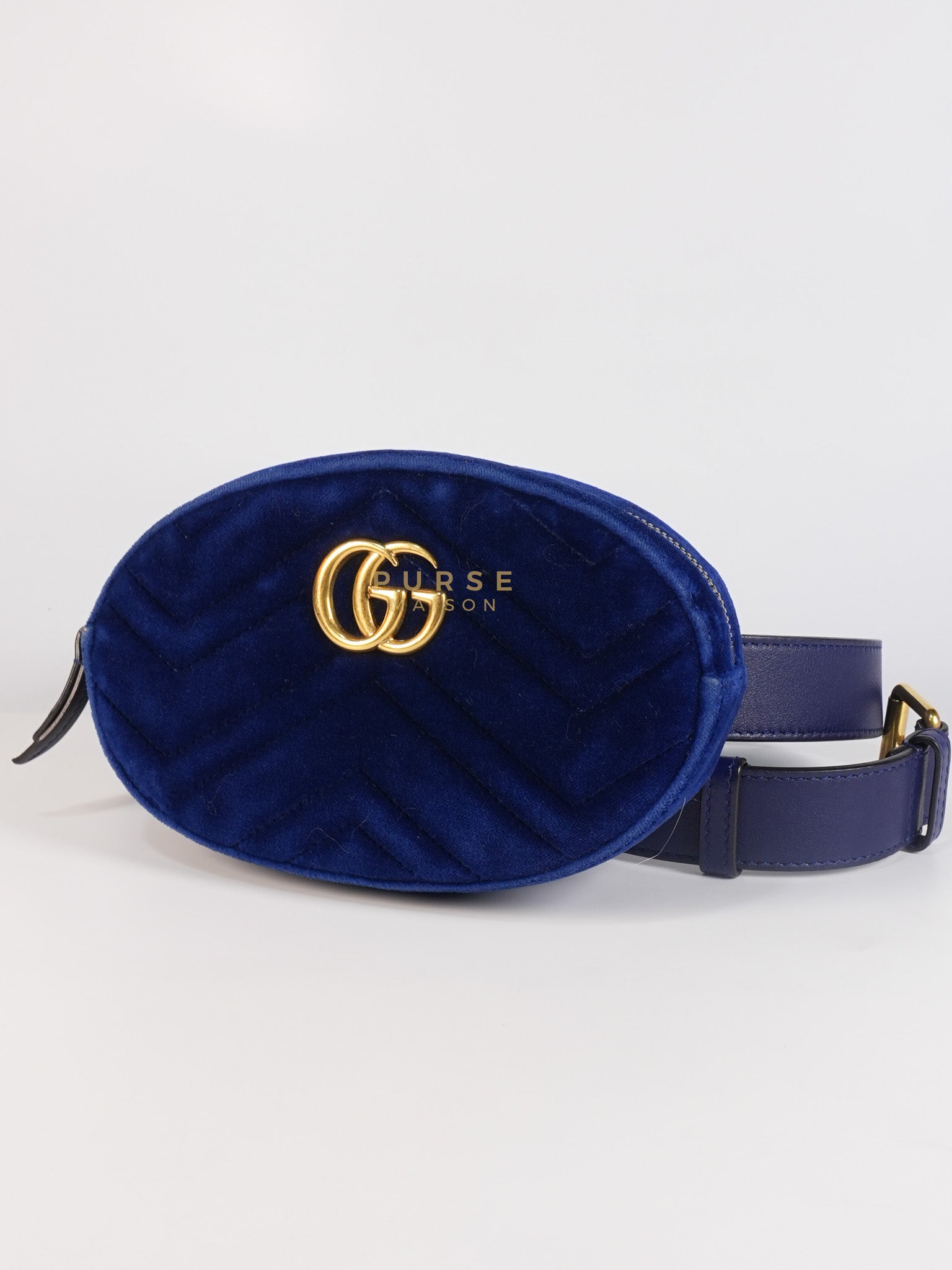 GG Marmont Velvet Belt Bag in Blue Suede Leather & Gold Hardware | Purse Maison Luxury Bags Shop