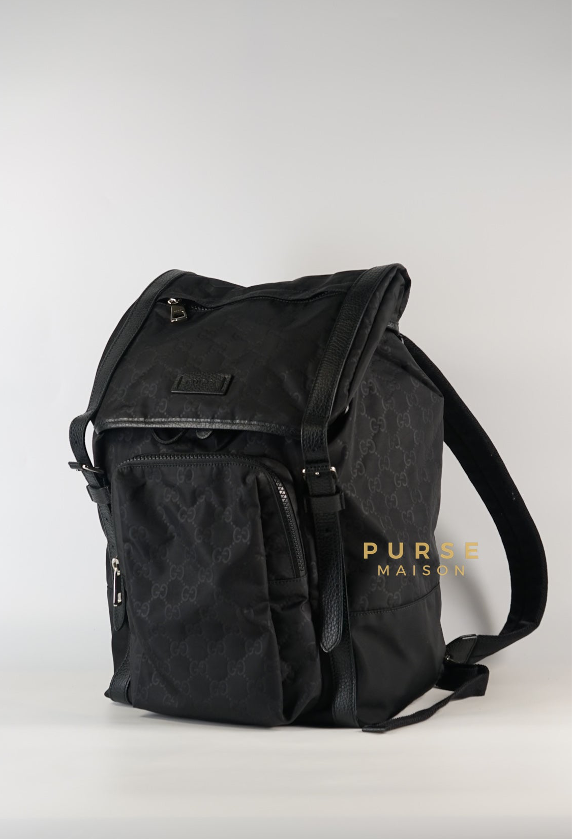 GG Nylon Monogram Medium Light Double Buckle Backpack in Noir | Purse Maison Luxury Bags Shop