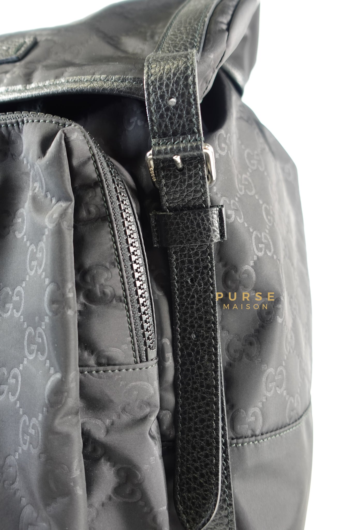 GG Nylon Monogram Medium Light Double Buckle Backpack in Noir | Purse Maison Luxury Bags Shop