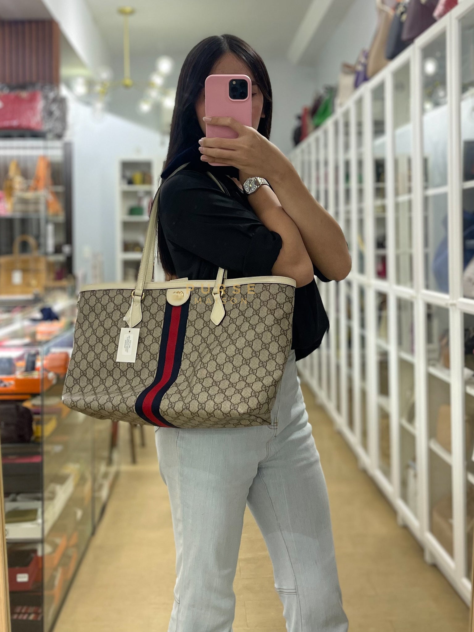 GG Ophidia Large Tote Bag in Cream/Red/Blue | Purse Maison Luxury Bags Shop