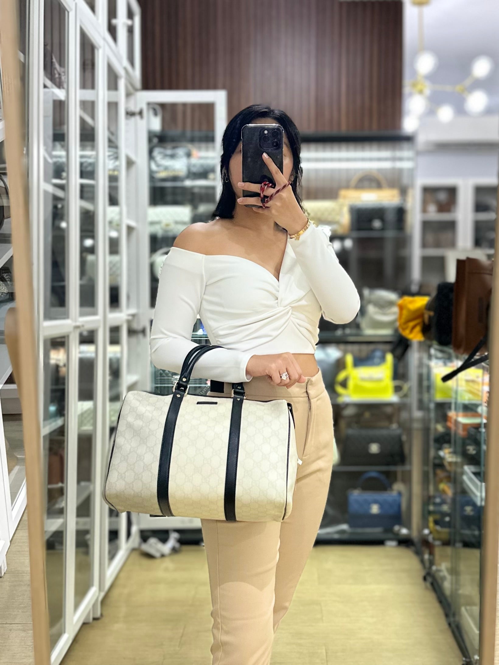 GG Supreme Joy Boston Bag (White/Black) | Purse Maison Luxury Bags Shop