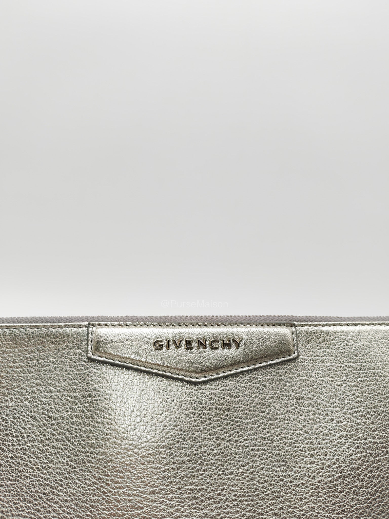 Givenchy Antigona Pouch in Metallic Silver Calf Leather and Silver Hardware | Purse Maison Luxury Bags Shop