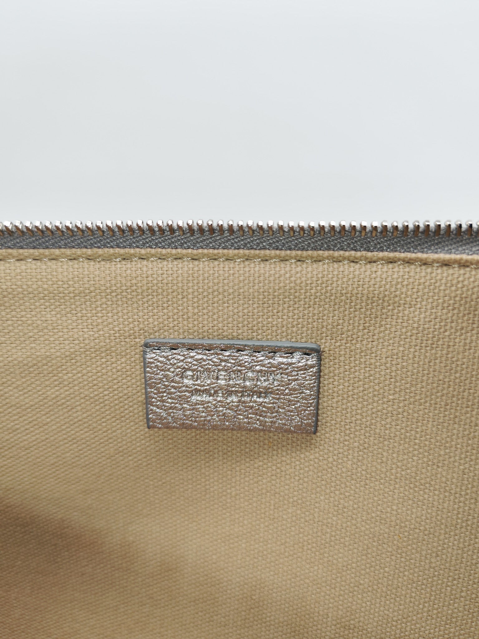 Givenchy Antigona Pouch in Metallic Silver Calf Leather and Silver Hardware | Purse Maison Luxury Bags Shop