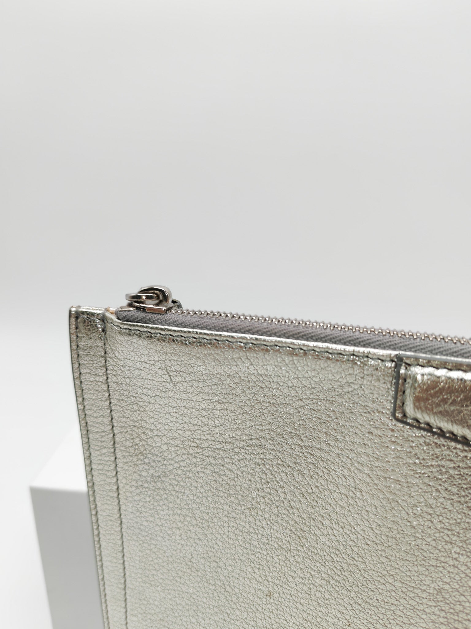 Givenchy Antigona Pouch in Metallic Silver Calf Leather and Silver Hardware | Purse Maison Luxury Bags Shop