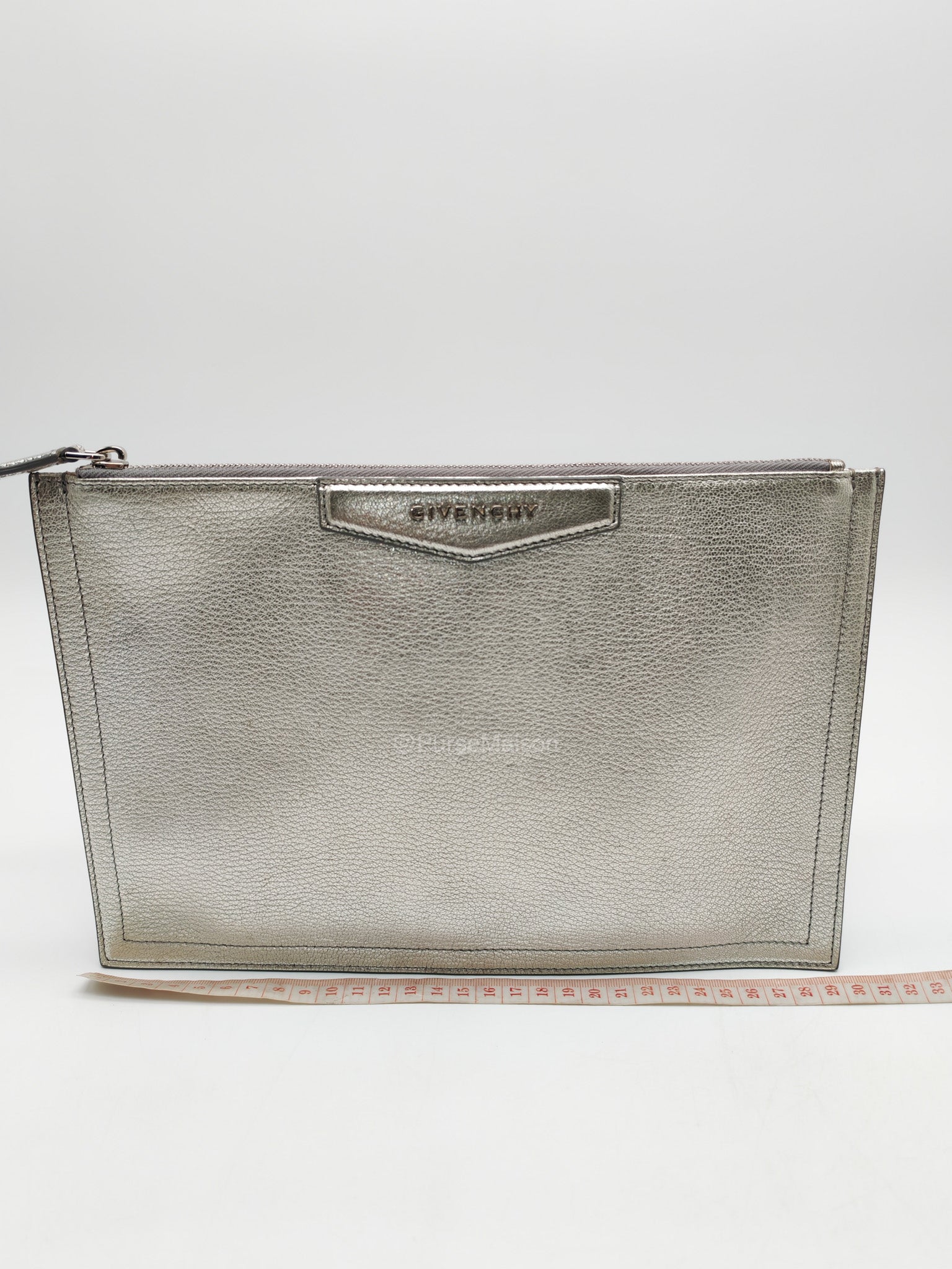 Givenchy Antigona Pouch in Metallic Silver Calf Leather and Silver Hardware | Purse Maison Luxury Bags Shop