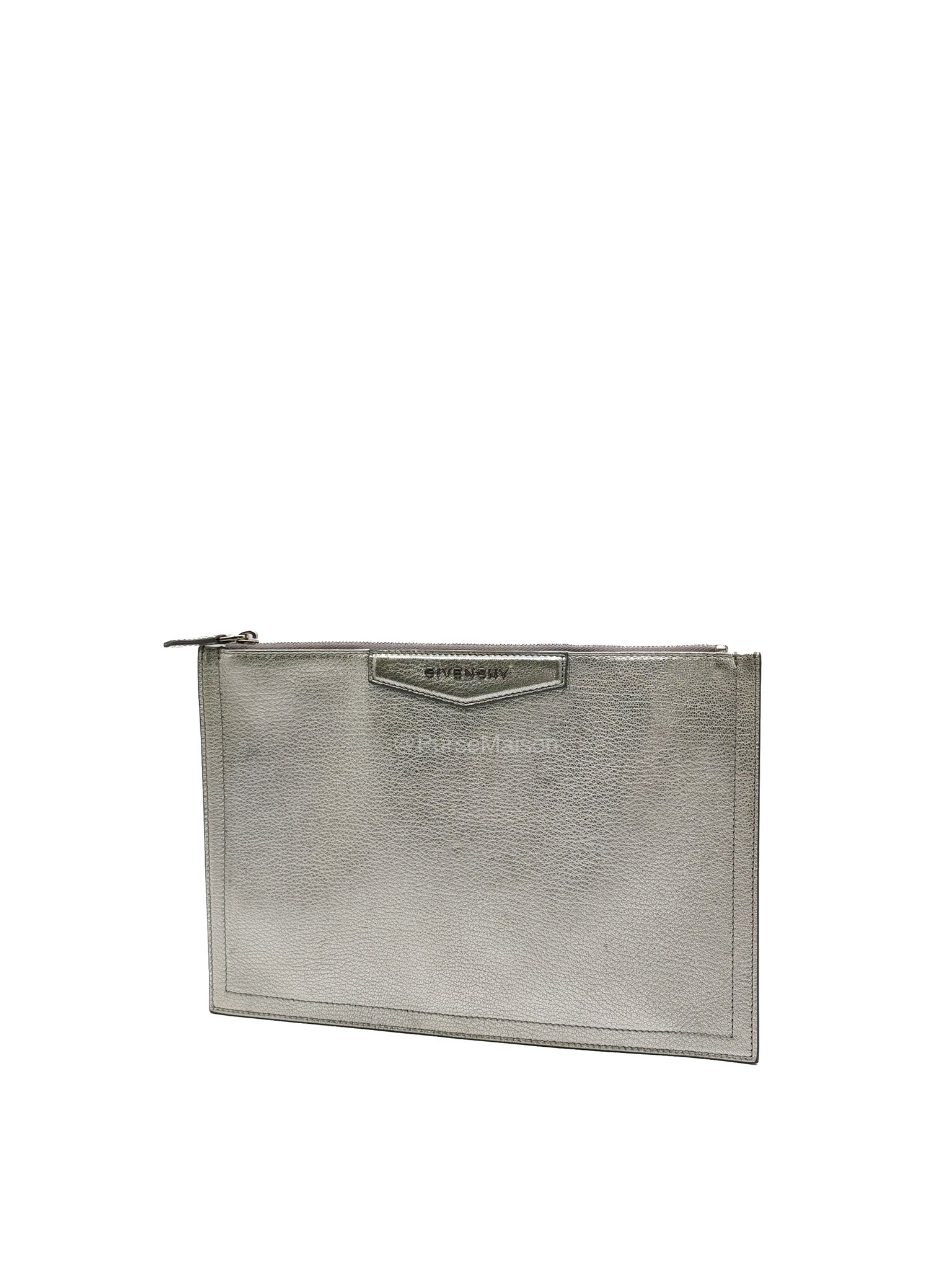 Givenchy Antigona Pouch in Metallic Silver Calf Leather and Silver Hardware | Purse Maison Luxury Bags Shop