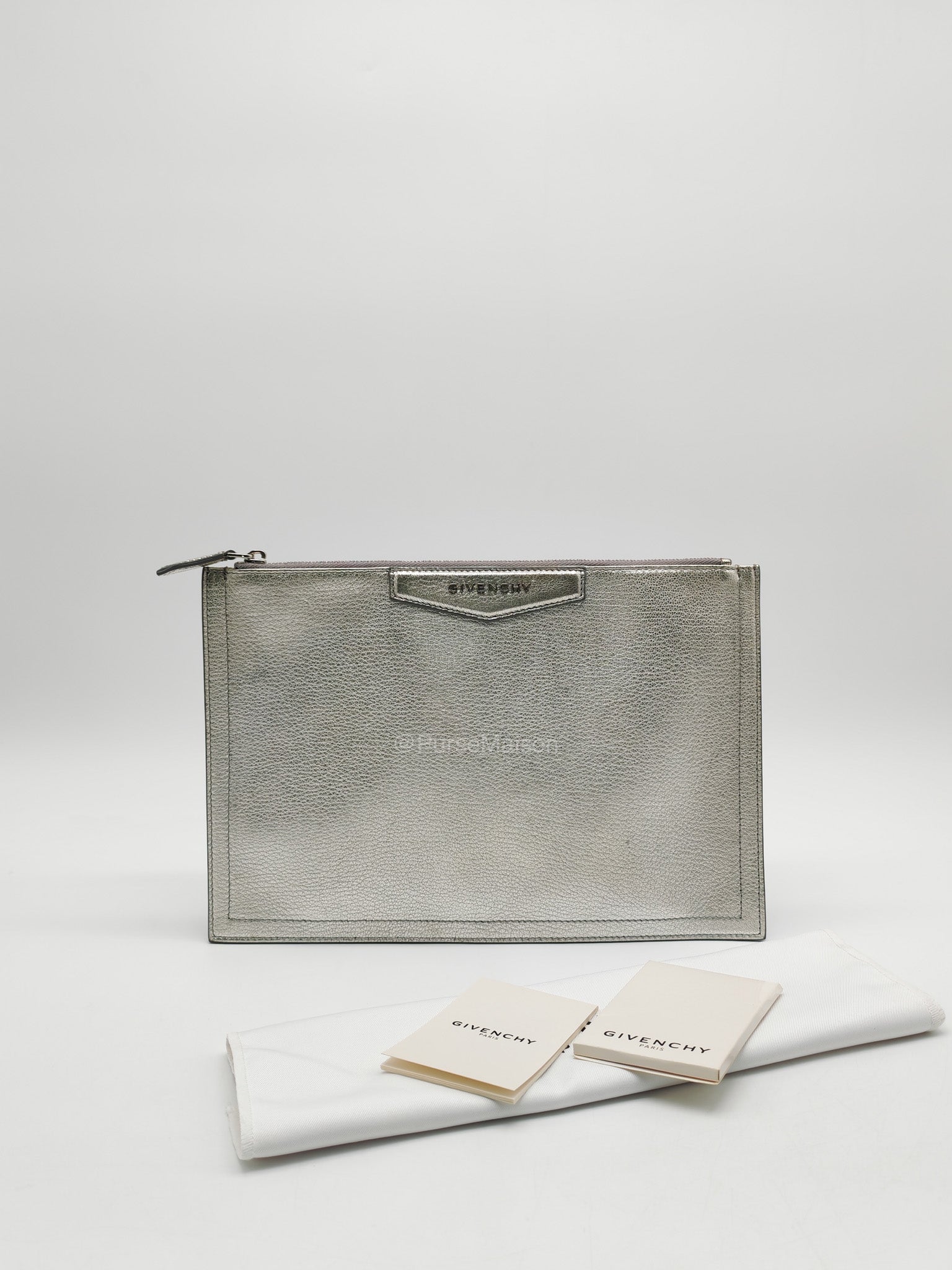 Givenchy Antigona Pouch in Metallic Silver Calf Leather and Silver Hardware | Purse Maison Luxury Bags Shop