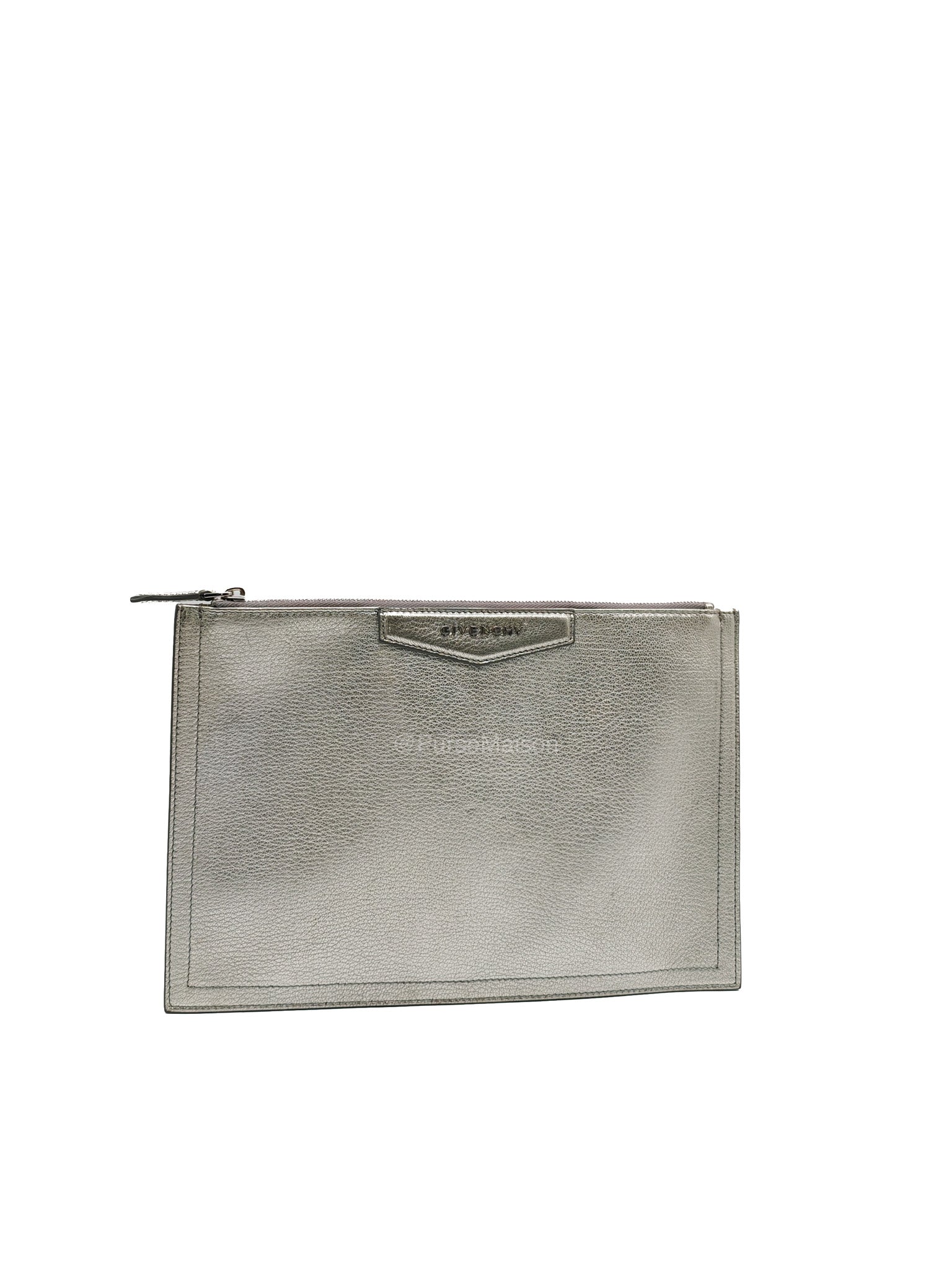 Givenchy Antigona Pouch in Metallic Silver Calf Leather and Silver Hardware | Purse Maison Luxury Bags Shop