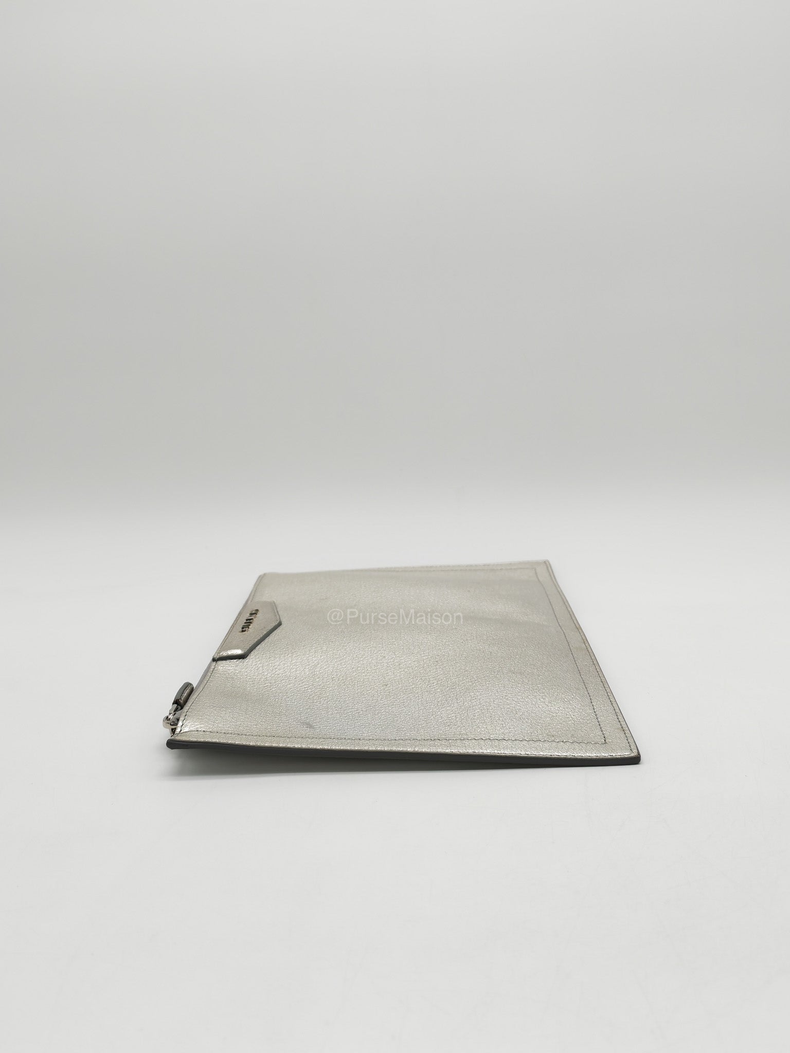 Givenchy Antigona Pouch in Metallic Silver Calf Leather and Silver Hardware | Purse Maison Luxury Bags Shop