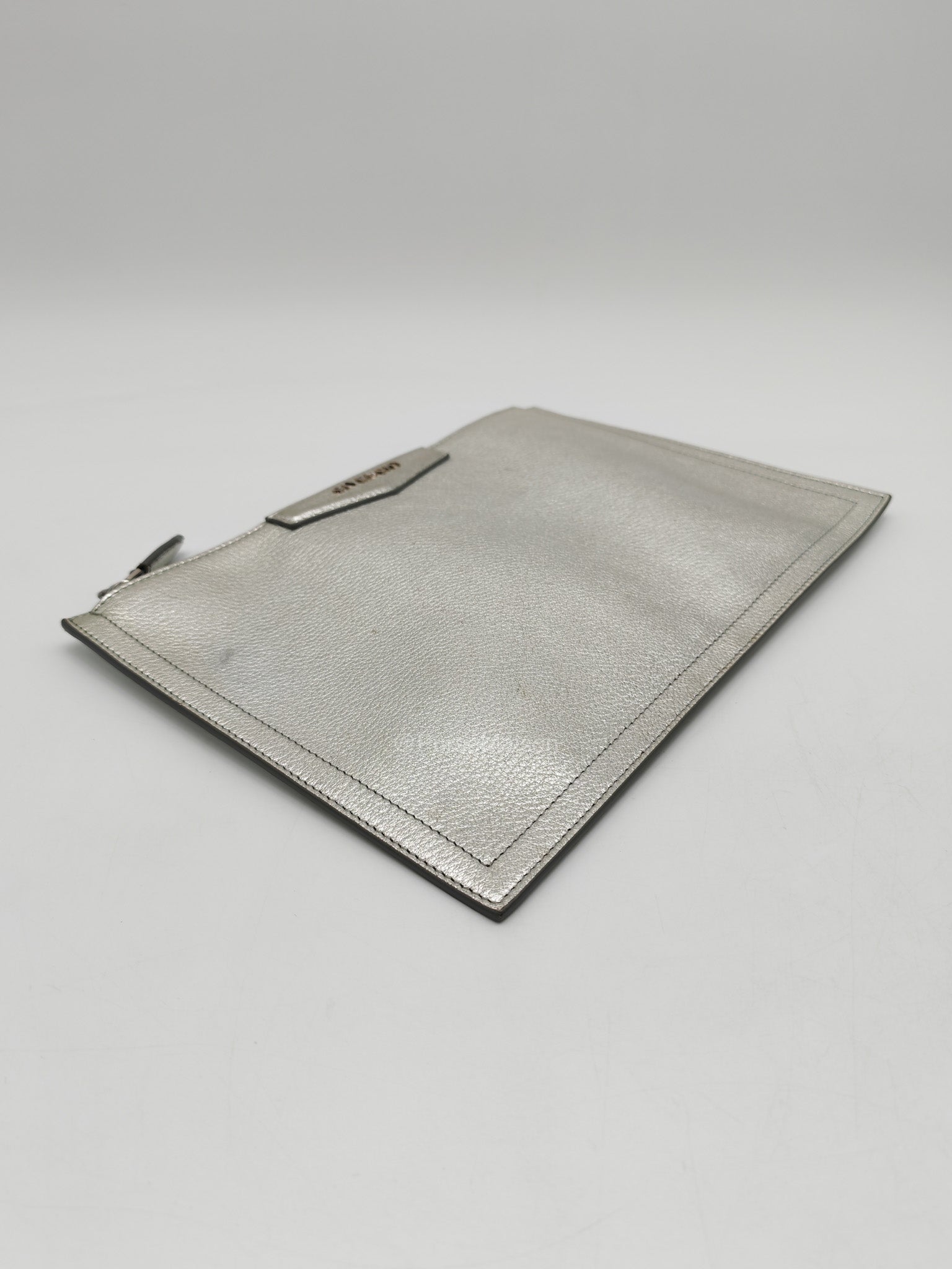 Givenchy Antigona Pouch in Metallic Silver Calf Leather and Silver Hardware | Purse Maison Luxury Bags Shop