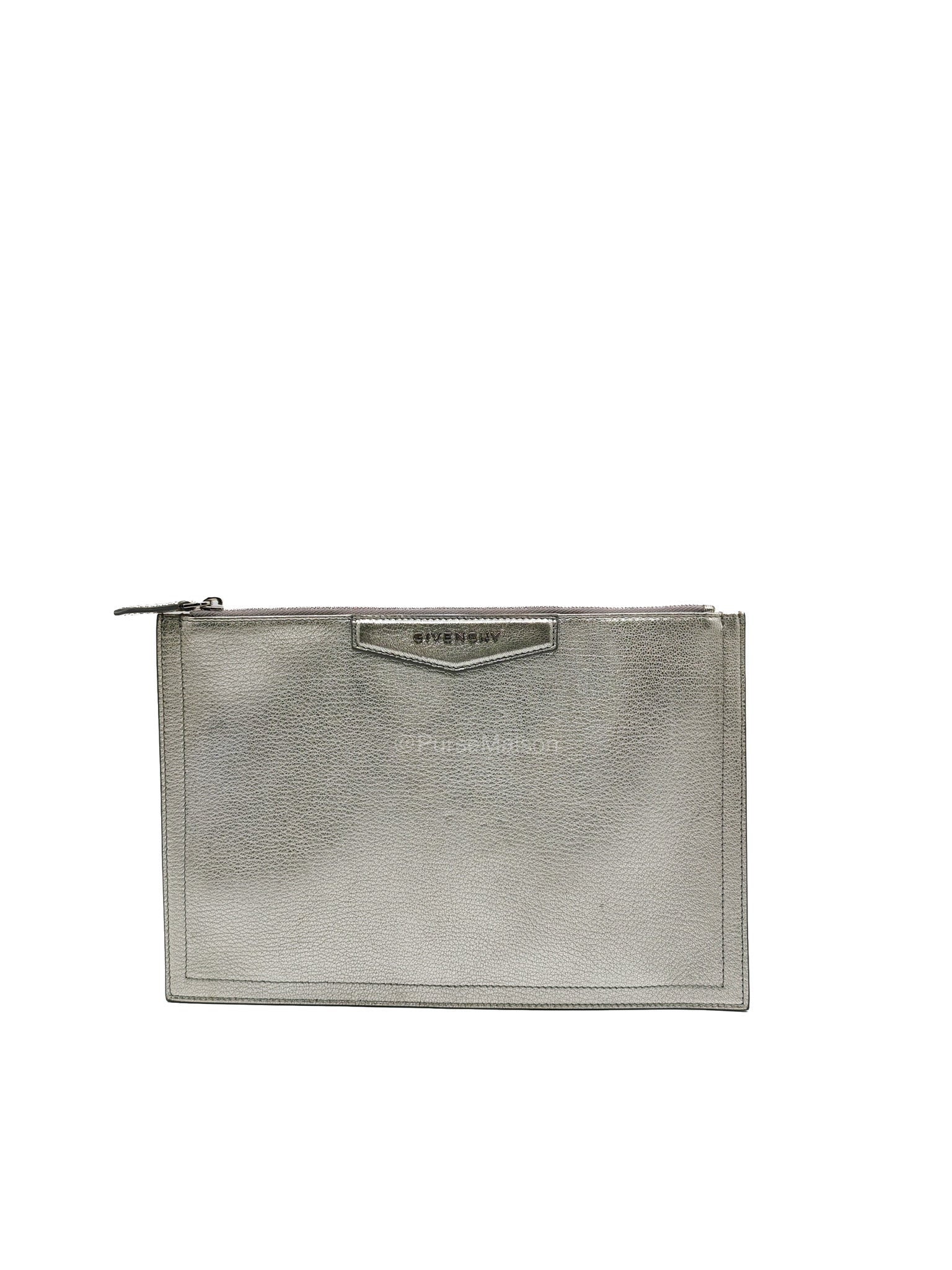 Givenchy Antigona Pouch in Metallic Silver Calf Leather and Silver Hardware | Purse Maison Luxury Bags Shop