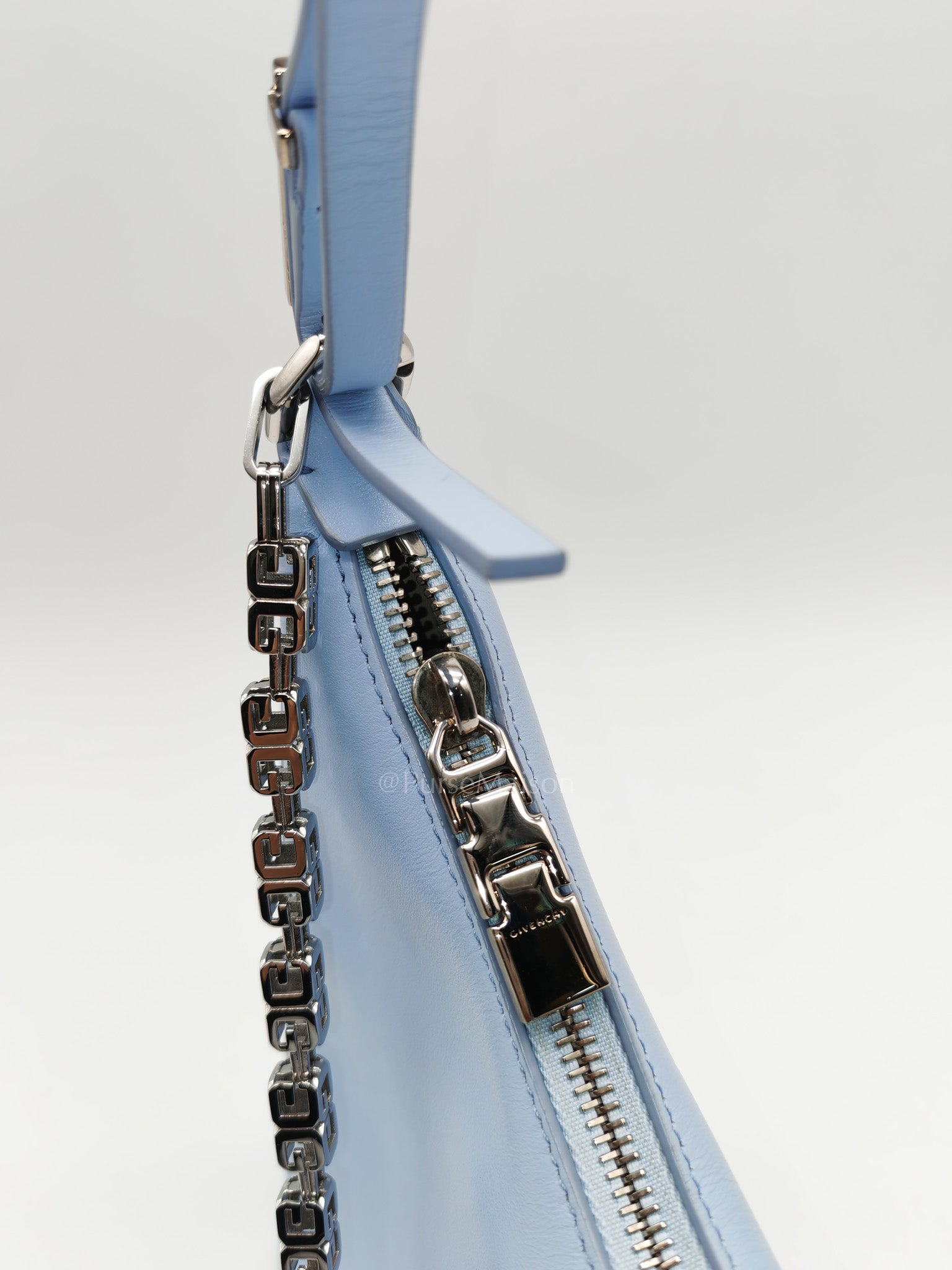Moon Cut Out Shoulder Bag Small in Baby Blue Smooth Calfskin Leather & Silver Hardware | Purse Maison Luxury Bags Shop