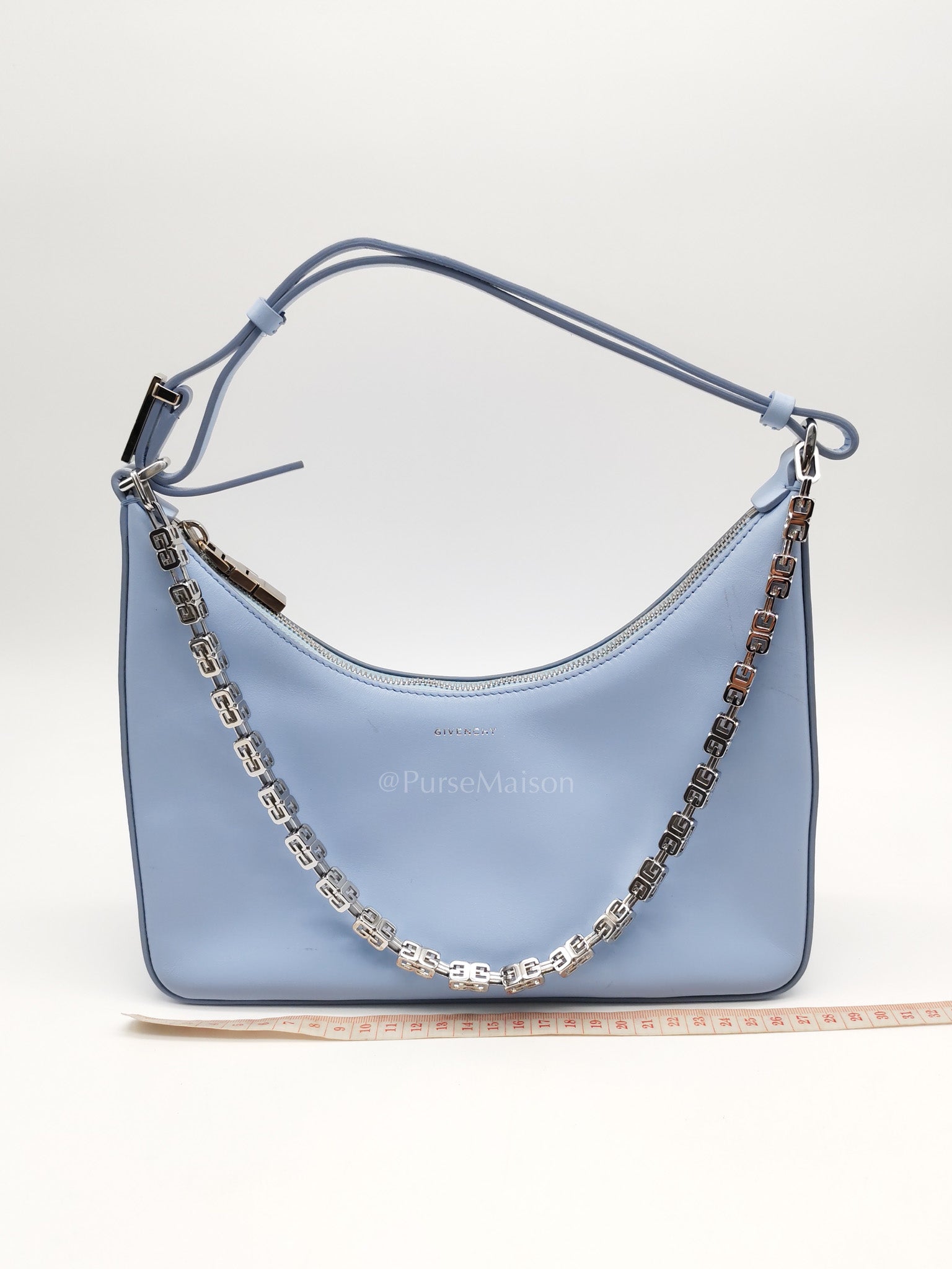 Moon Cut Out Shoulder Bag Small in Baby Blue Smooth Calfskin Leather & Silver Hardware | Purse Maison Luxury Bags Shop