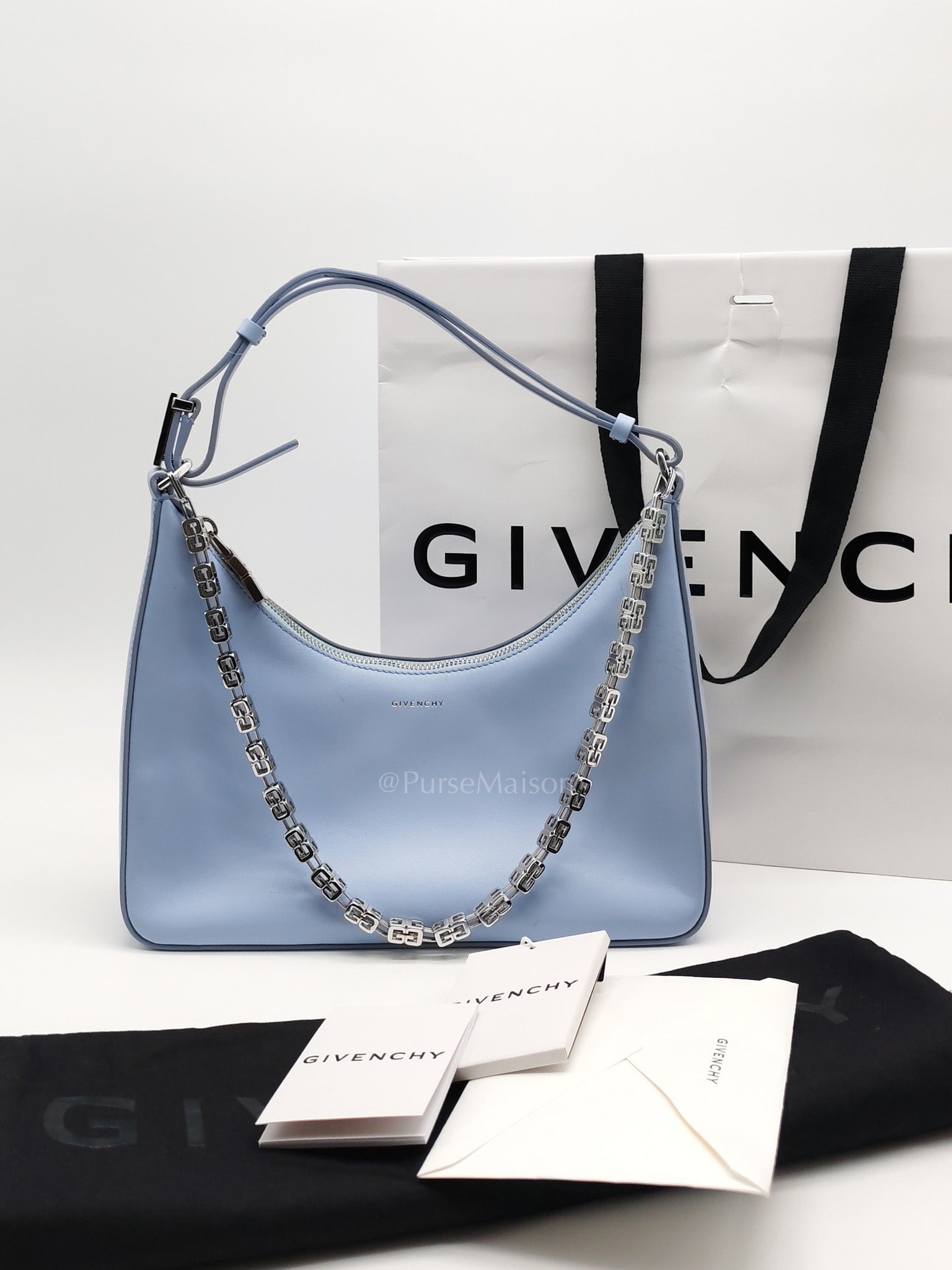 Moon Cut Out Shoulder Bag Small in Baby Blue Smooth Calfskin Leather & Silver Hardware | Purse Maison Luxury Bags Shop