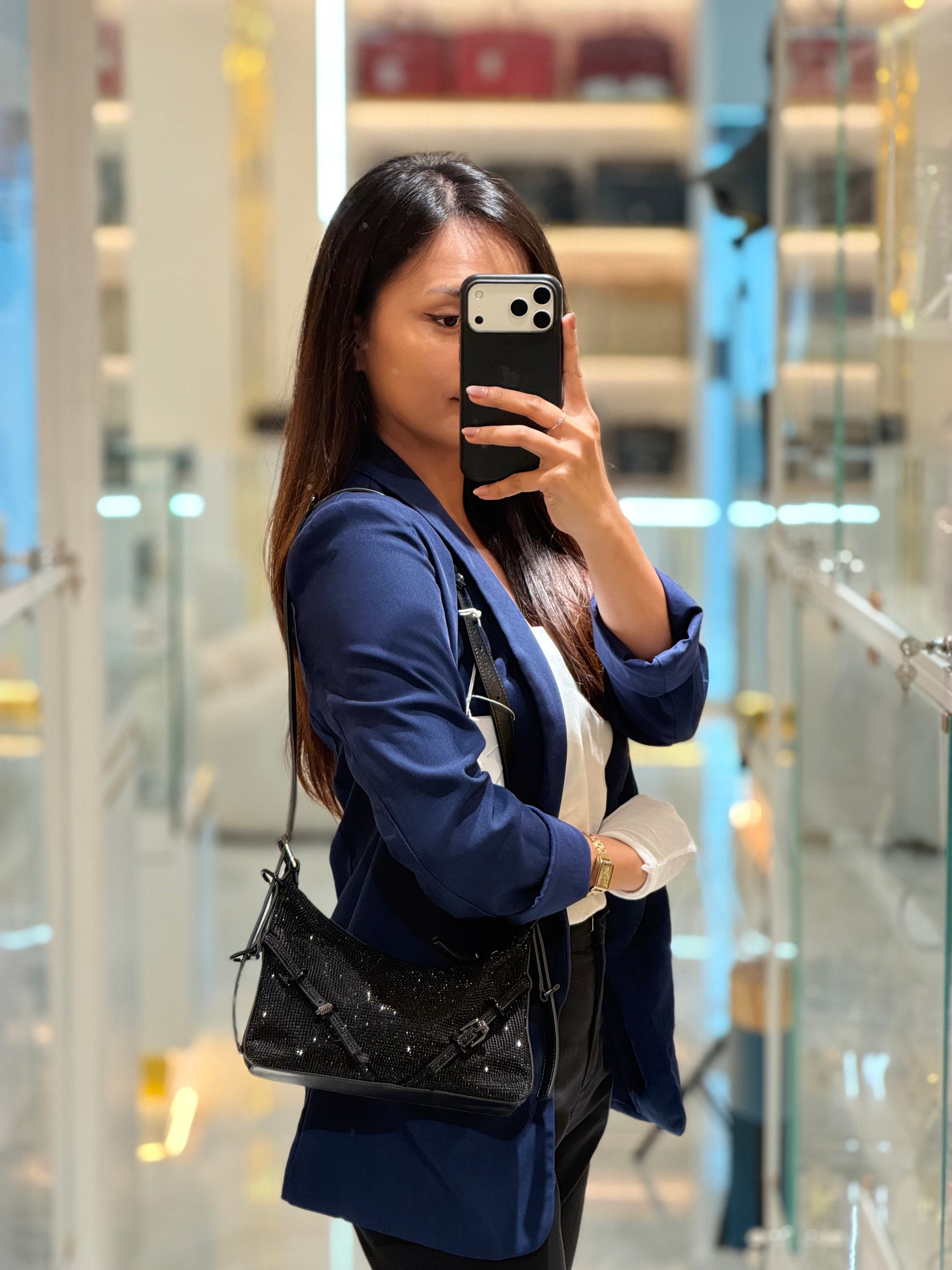 Vouyou Shoulder Bag in Black Satin with Rhinestone | Purse Maison Luxury Bags Shop