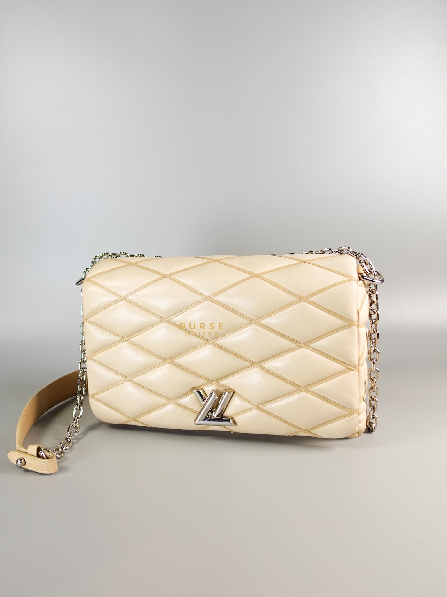 Go 14 Malletage MM in Light Beige Quilted Lambskin Leather and Silver Hardware (Date code: TR1155) | Purse Maison Luxury Bags Shop