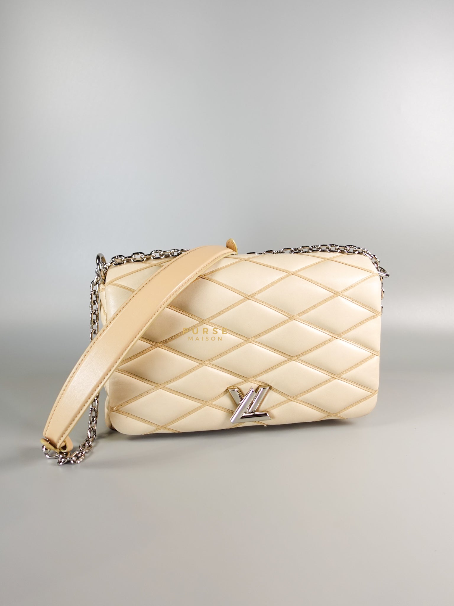 Go 14 Malletage MM in Light Beige Quilted Lambskin Leather and Silver Hardware (Date code: TR1155) | Purse Maison Luxury Bags Shop