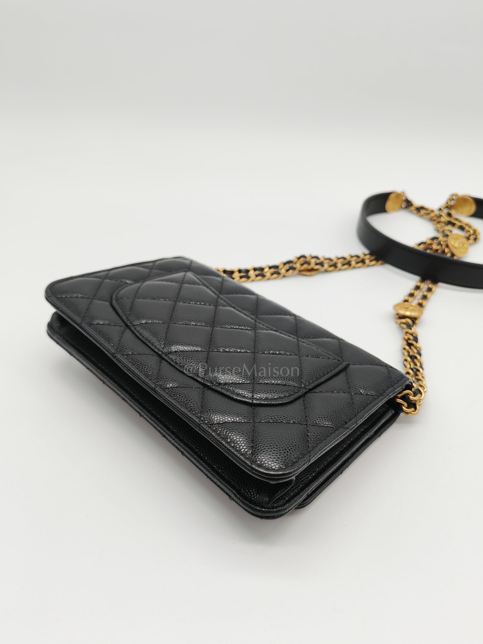 Gold Coin Wallet On Chain(WOC) Black Caviar Leather Aged Gold Hardware (Microchip) | Purse Maison Luxury Bags Shop