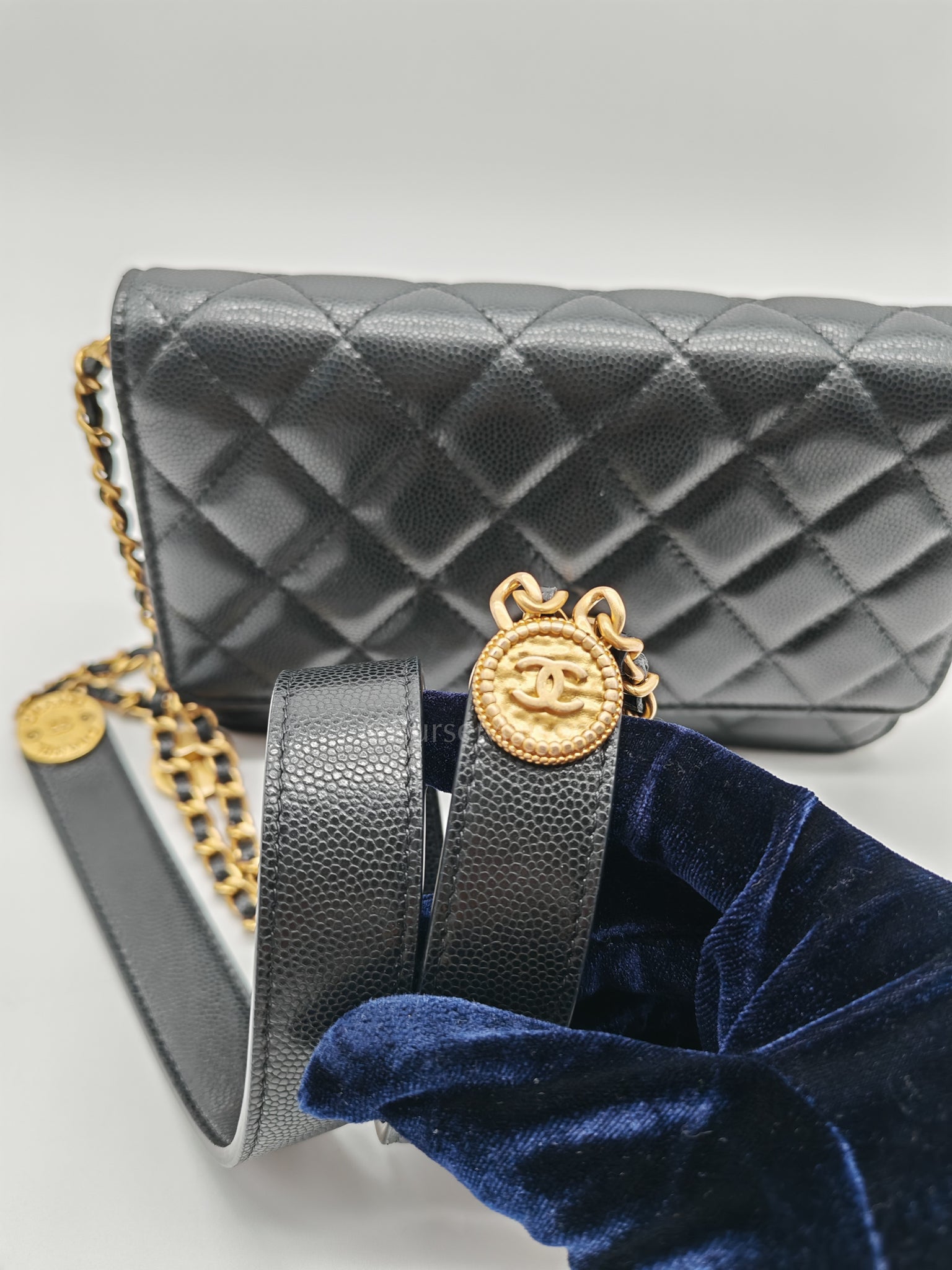 Gold Coin Wallet On Chain(WOC) Black Caviar Leather Aged Gold Hardware (Microchip) | Purse Maison Luxury Bags Shop